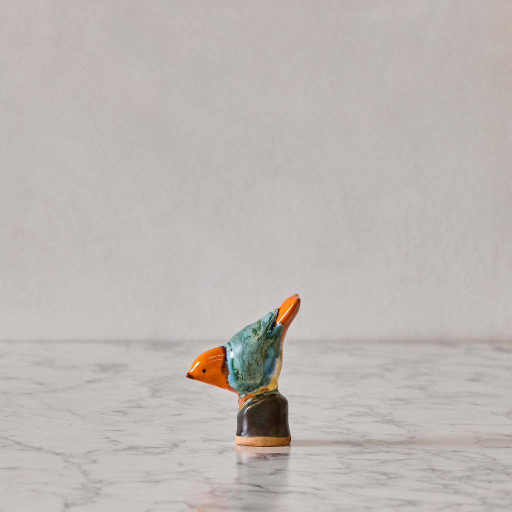 Songbird on Perch, Tangerine & Teal