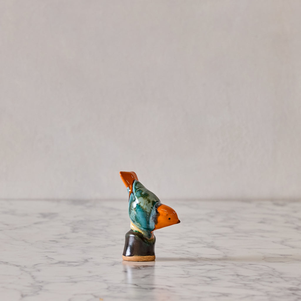 Songbird on Perch, Tangerine & Teal