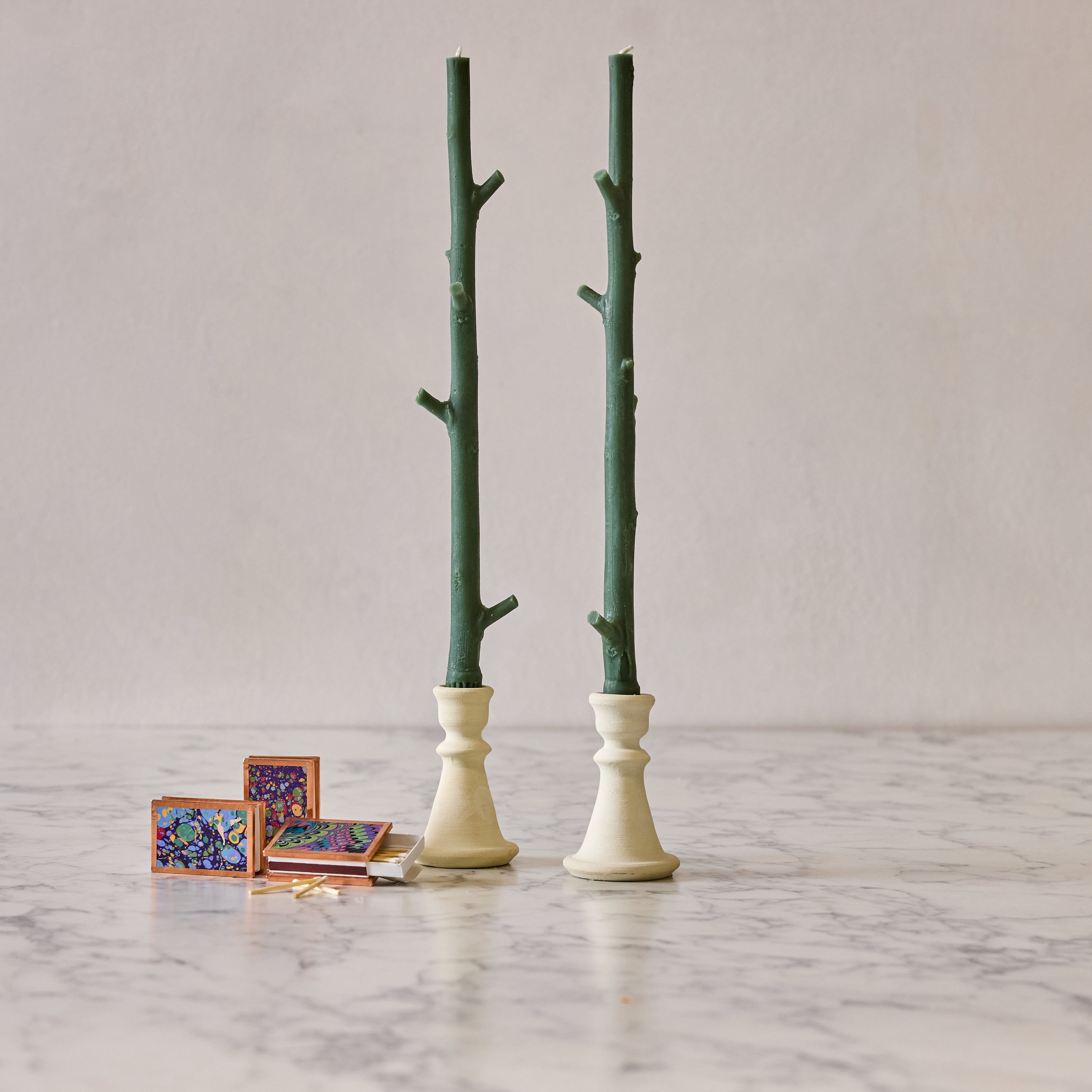 Maple Stick Candles & Marble Matches Gift Set, Forest Green