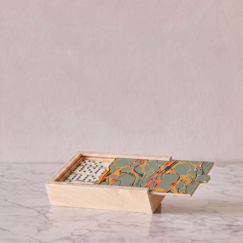 Hand-Marbled Domino Set, Olive & Amber
