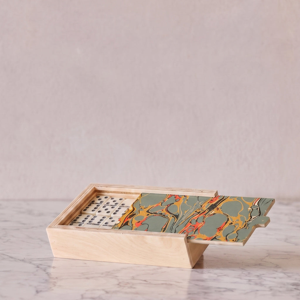 Hand-Marbled Domino Set, Olive & Amber