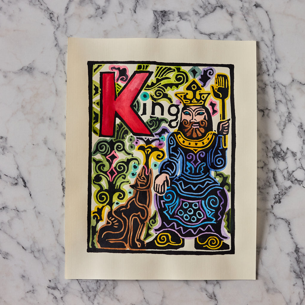 Original Hand-Colored Alphabet Block Print, Letter K