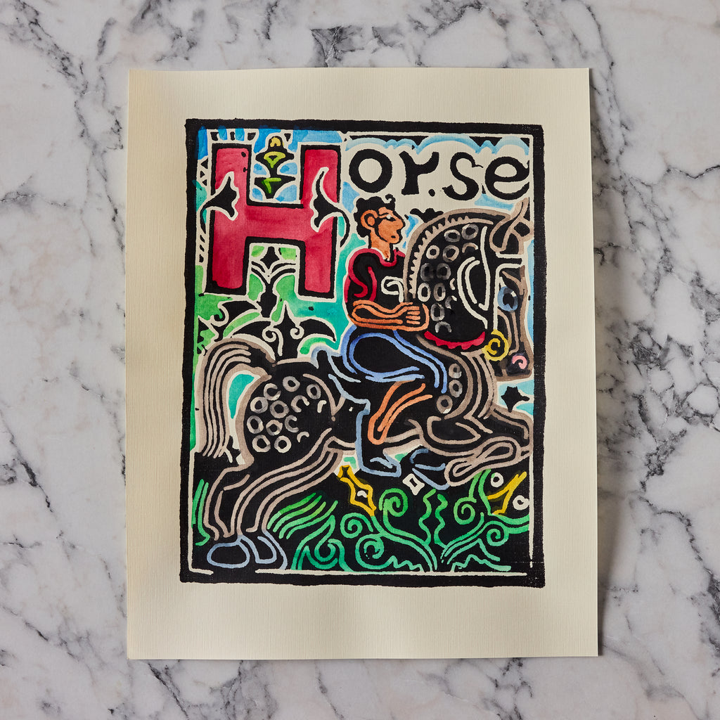 Original Hand-Colored Alphabet Block Print, Letter H