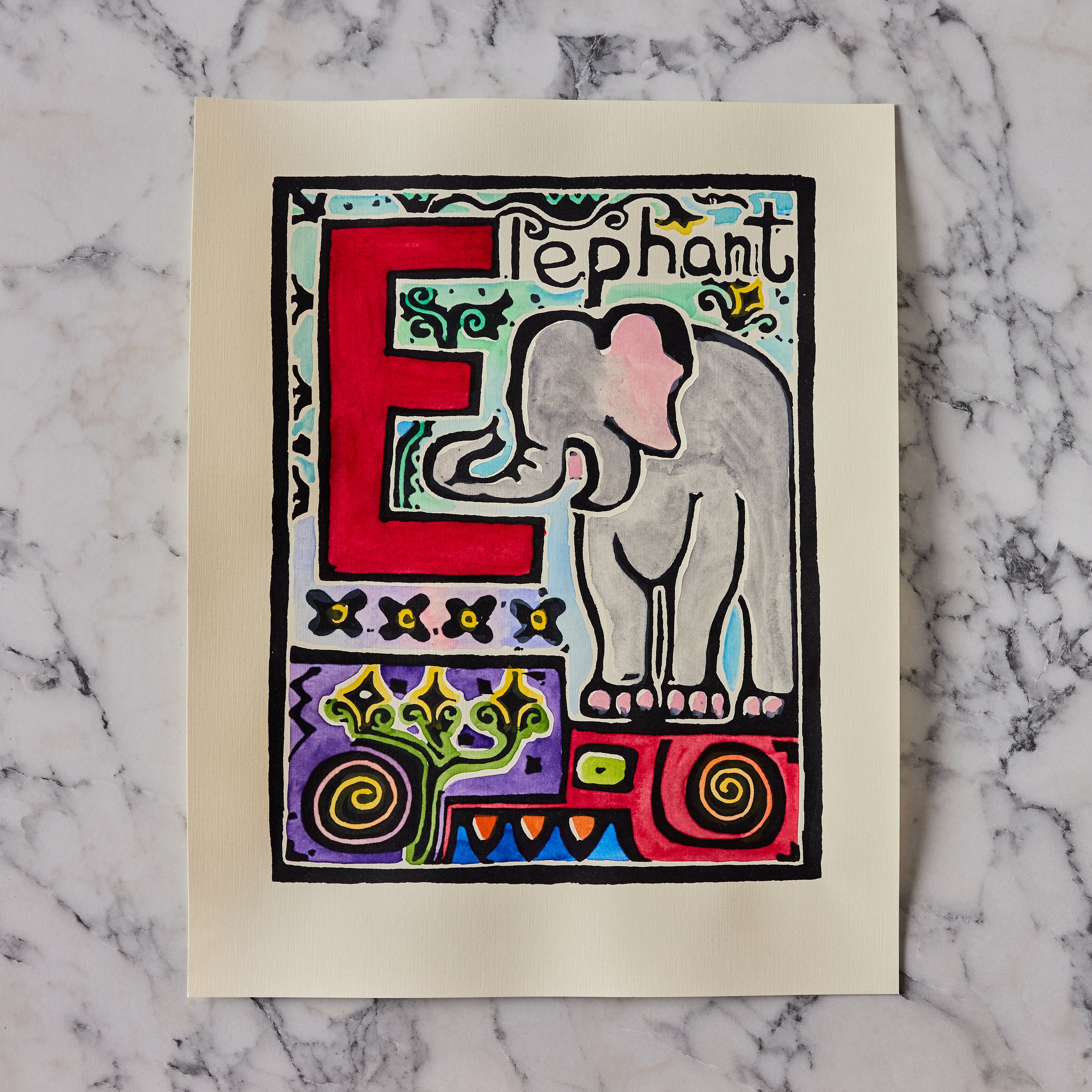 Original Hand-Colored Alphabet Block Print, Letter E