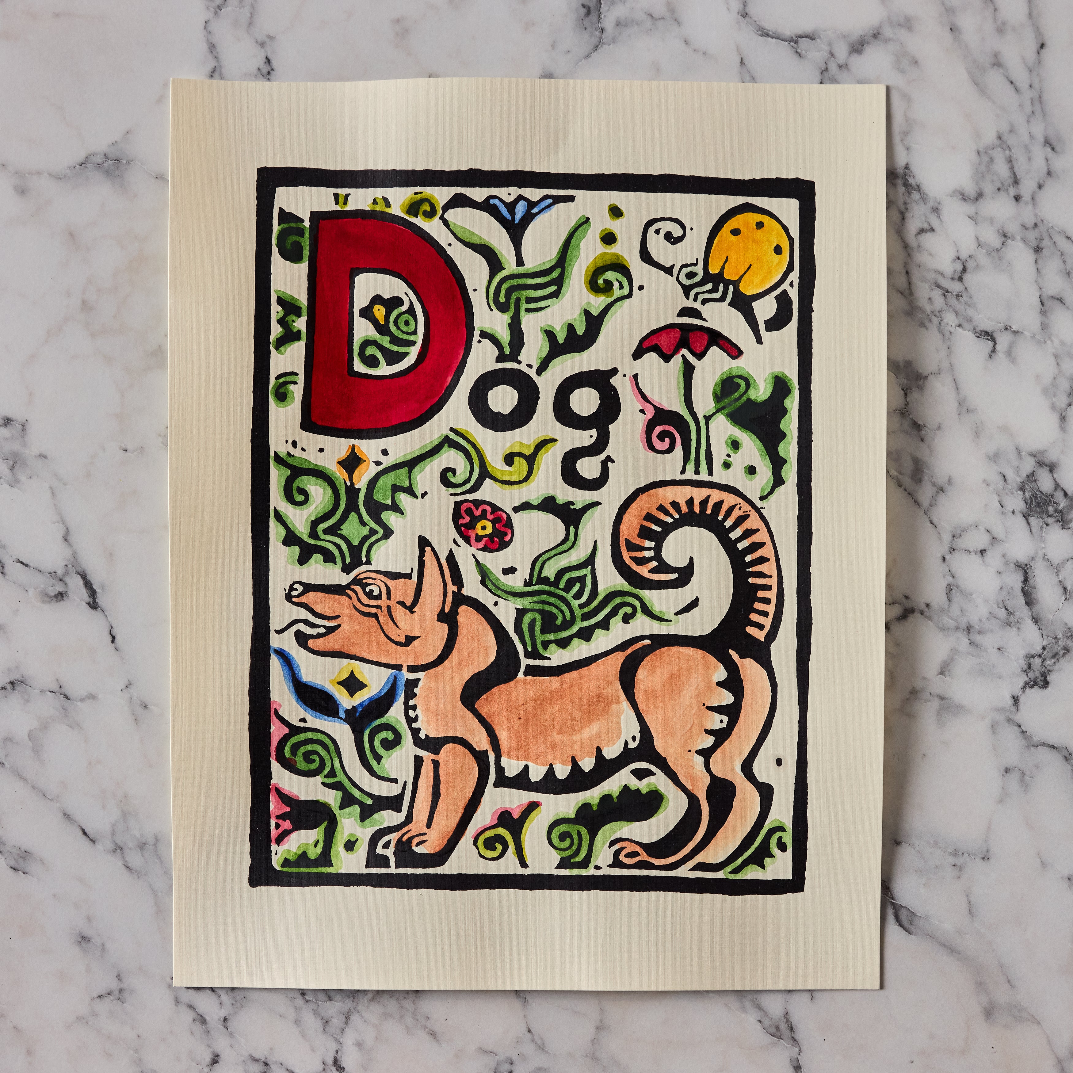 Original Hand-Colored Alphabet Block Print, Letter D