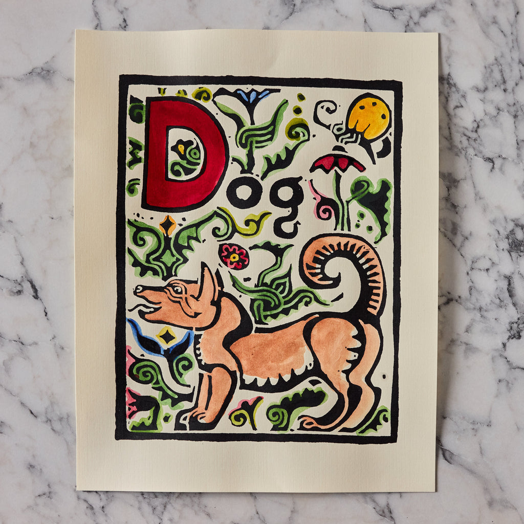 Original Hand-Colored Alphabet Block Print, Letter D
