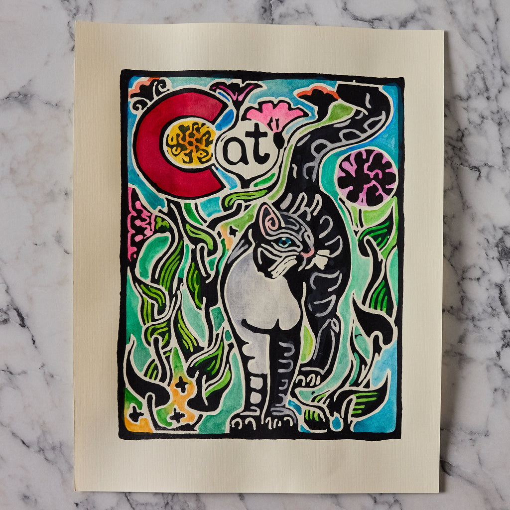 Original Hand-Colored Alphabet Block Print, Letter C