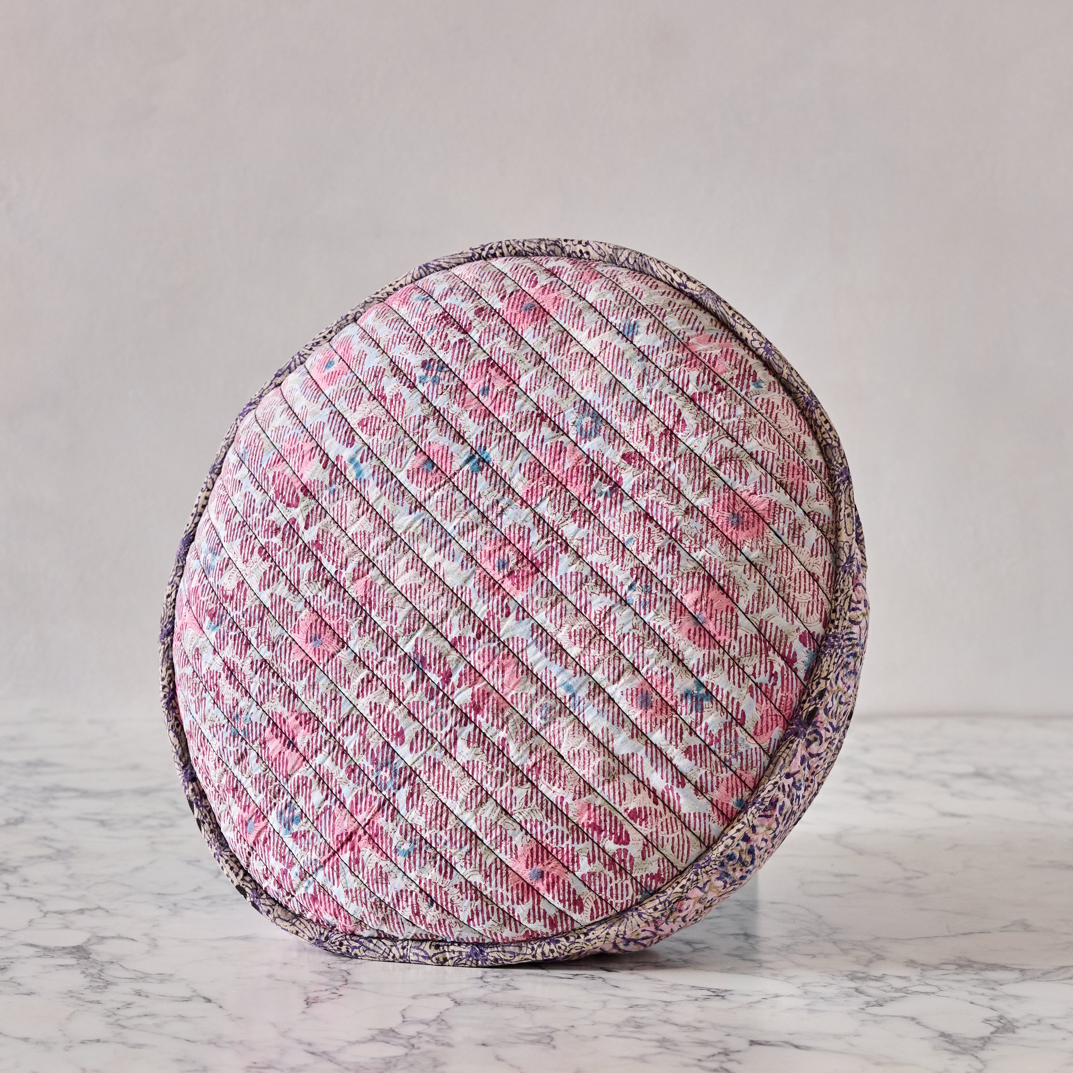 Hand-blocked Pillow in Raspberry Skye Stamp, Round