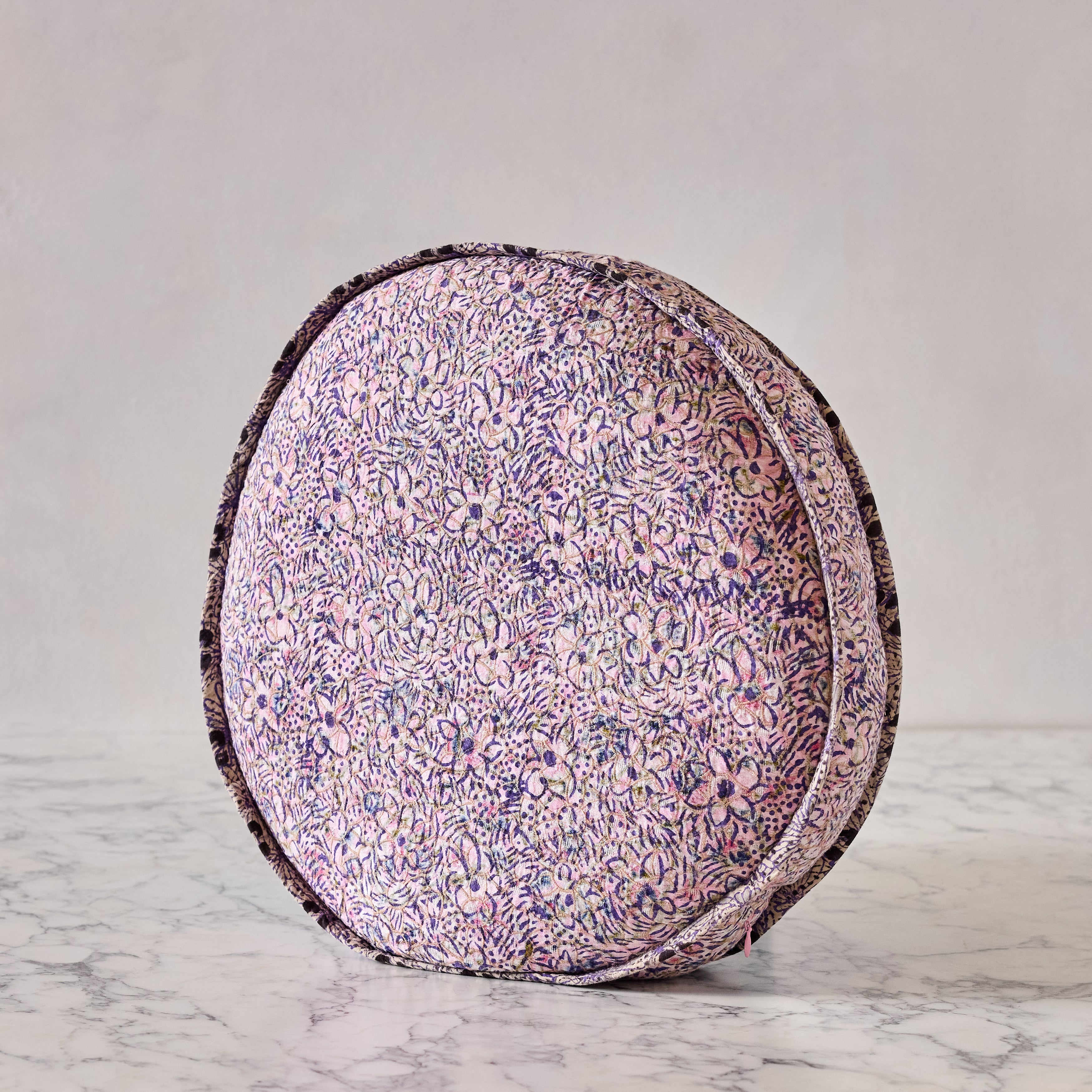Hand-blocked Pillow in Raspberry Skye Stamp, Round