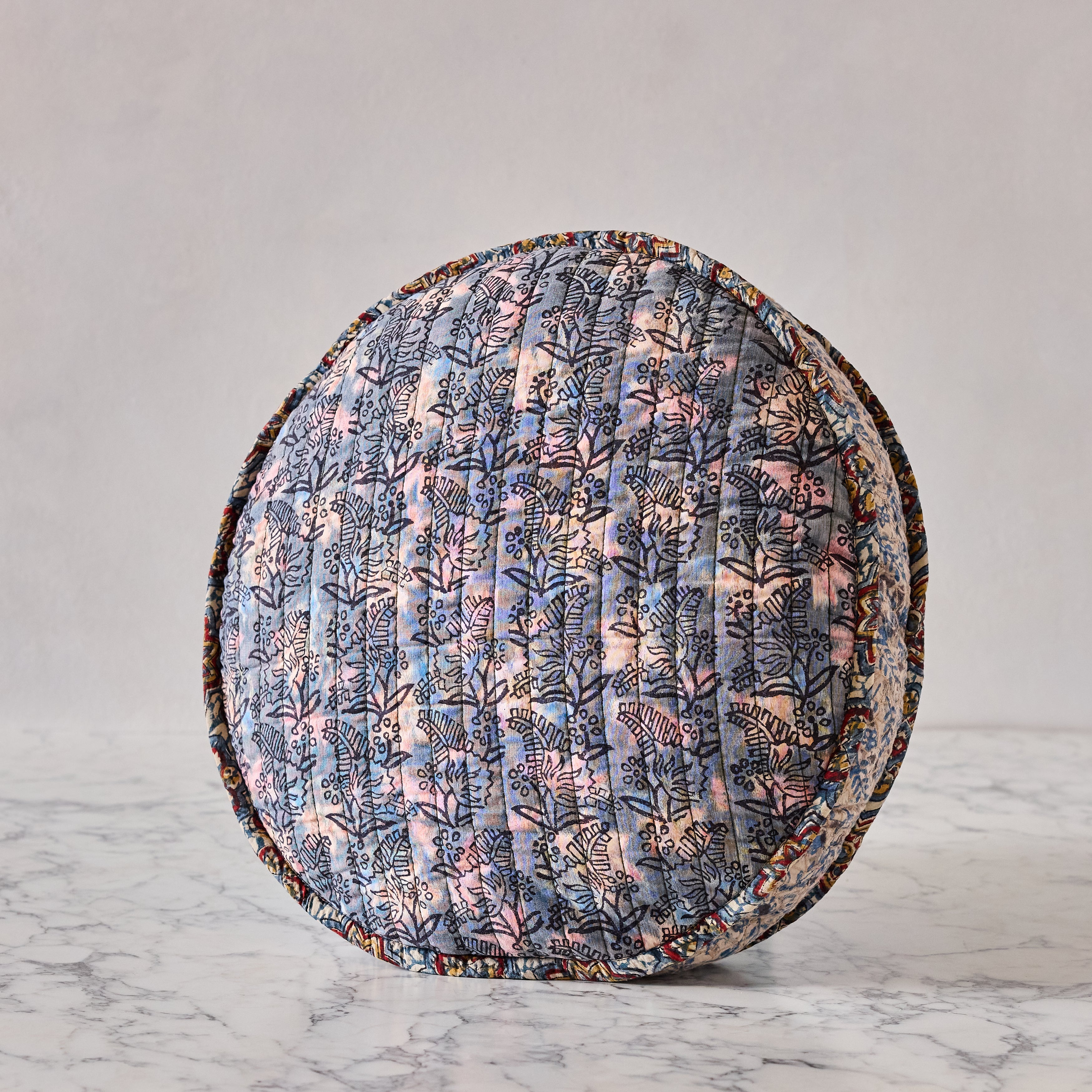 Hand-blocked Pillow in Petal Blossom Ink, Round
