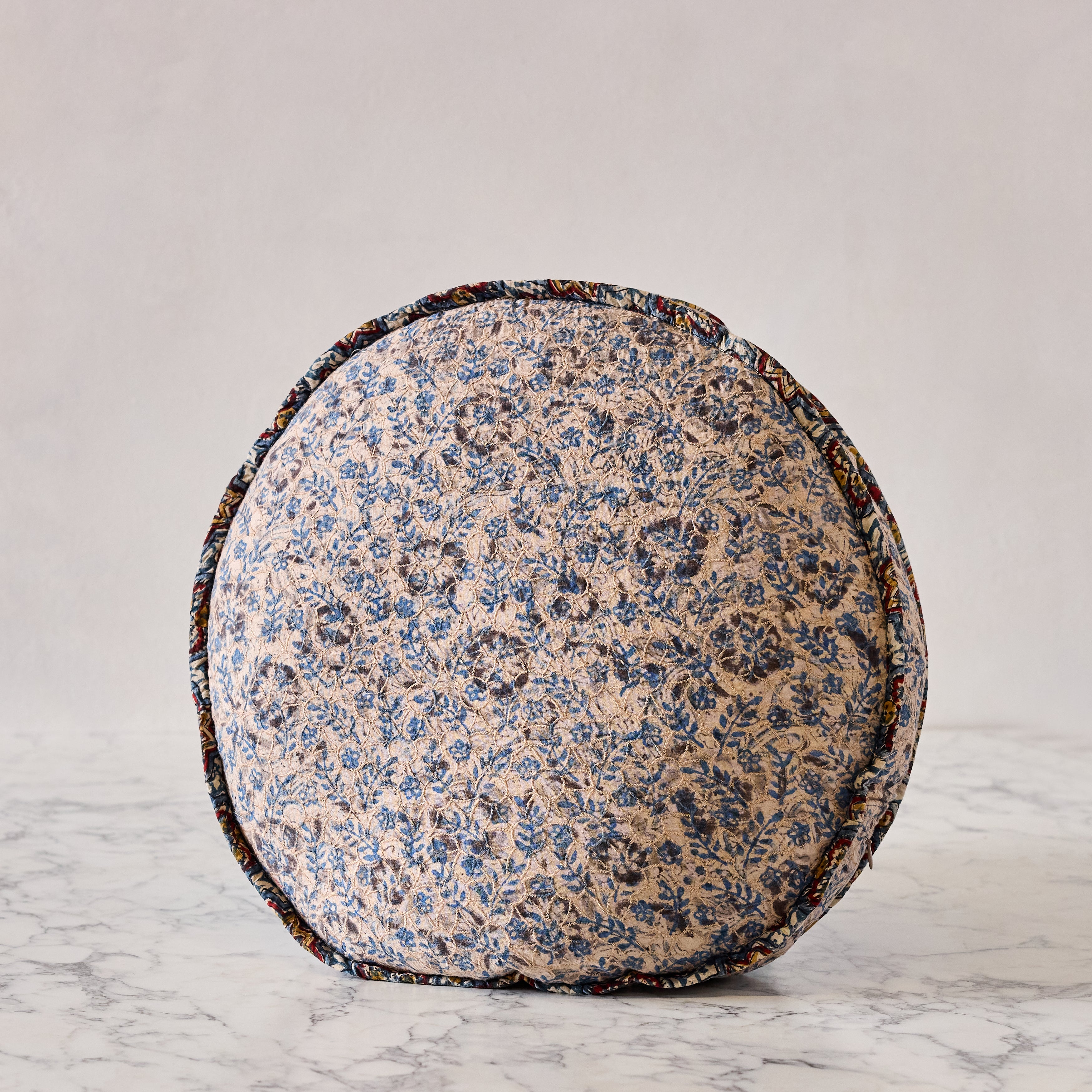 Hand-blocked Pillow in Petal Blossom Ink, Round