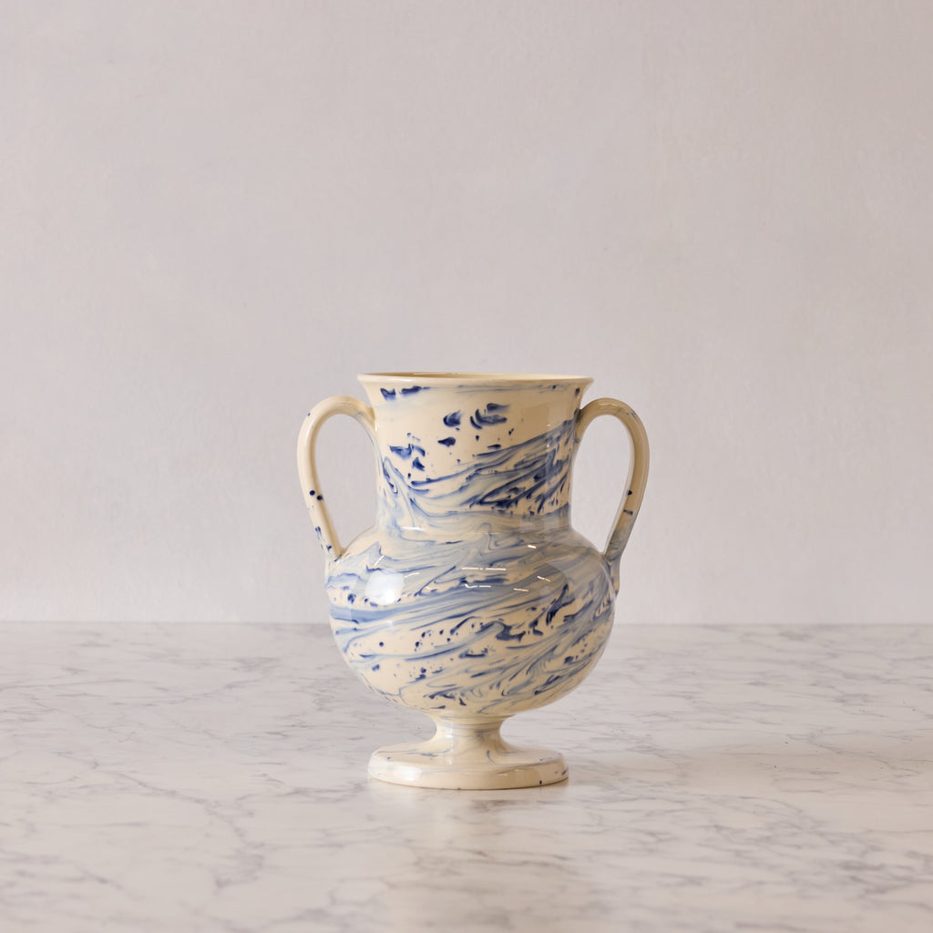 Apulian Amphora Vase in White with Blue Marble Glaze