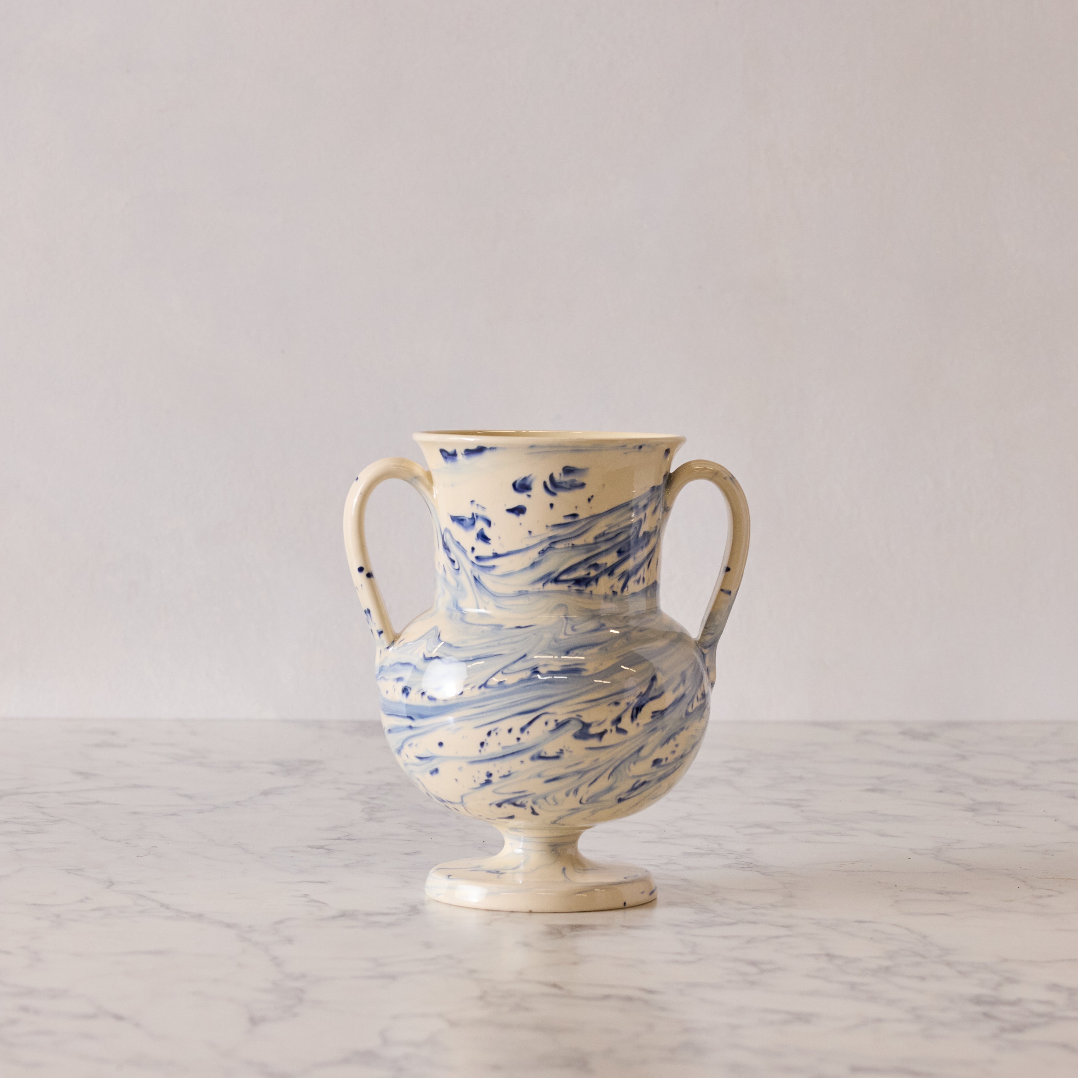Apulian Amphora Vase in White with Blue Marble Glaze