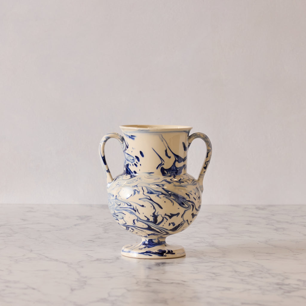 Apulian Amphora Vase in White with Blue Marble Glaze