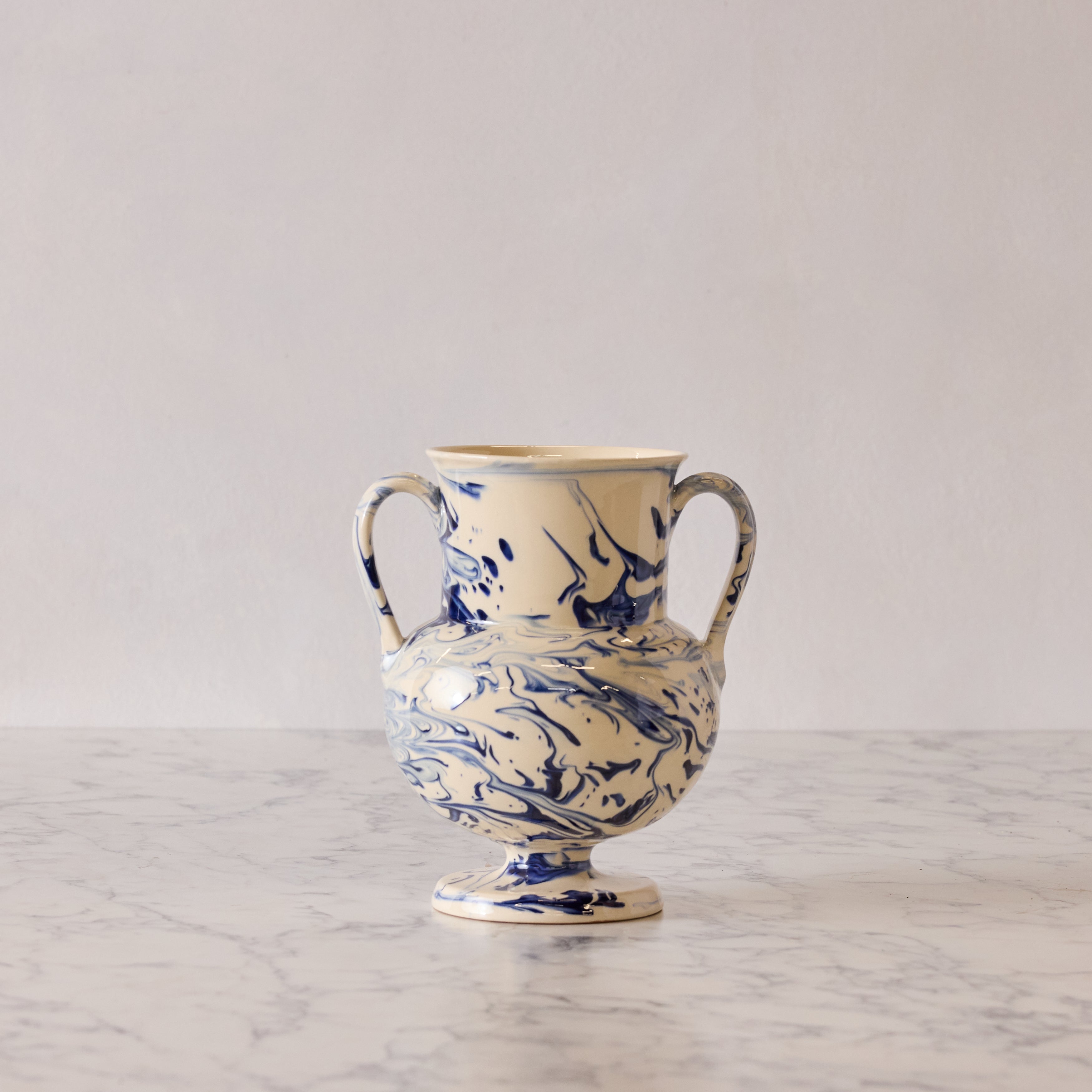 Apulian Amphora Vase in White with Blue Marble Glaze