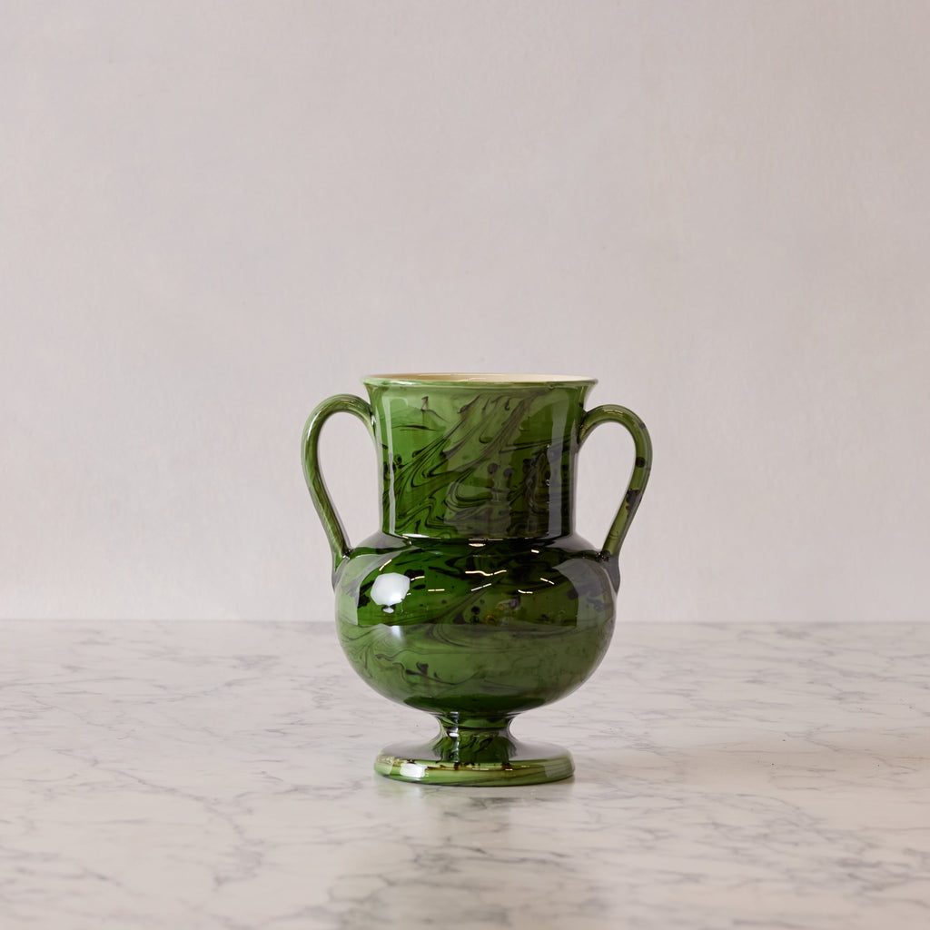 Apulian Amphora Vase in Green with Black Marble Glaze