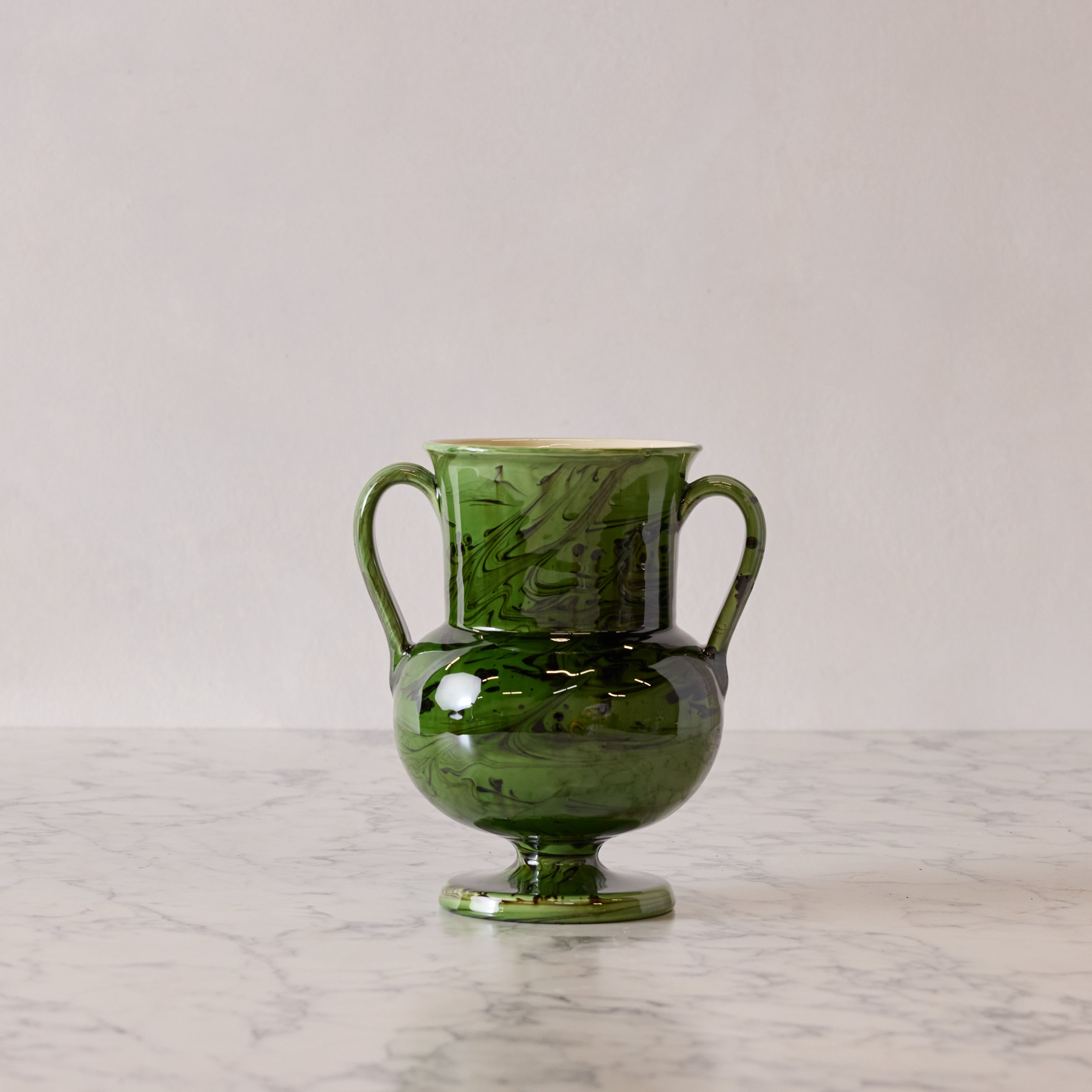 Apulian Amphora Vase in Green with Black Marble Glaze