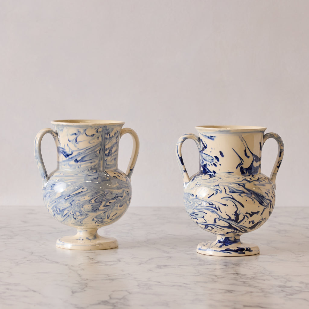 Apulian Amphora Vase in White with Blue Marble Glaze