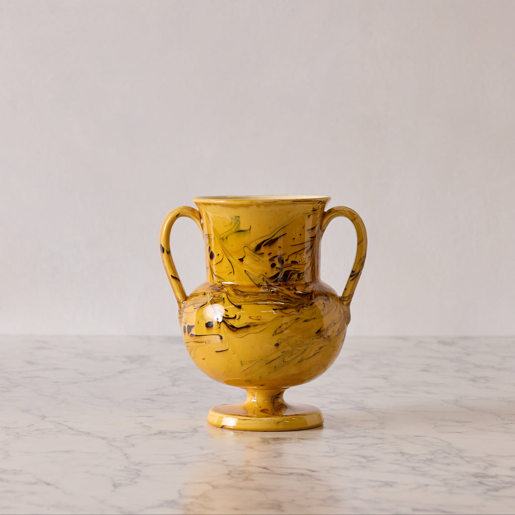 Apulian Amphora Vase in Yellow with Black, Red and Green Marble Glaze