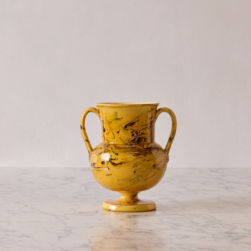 Apulian Amphora Vase in Yellow with Black, Red and Green Marble Glaze