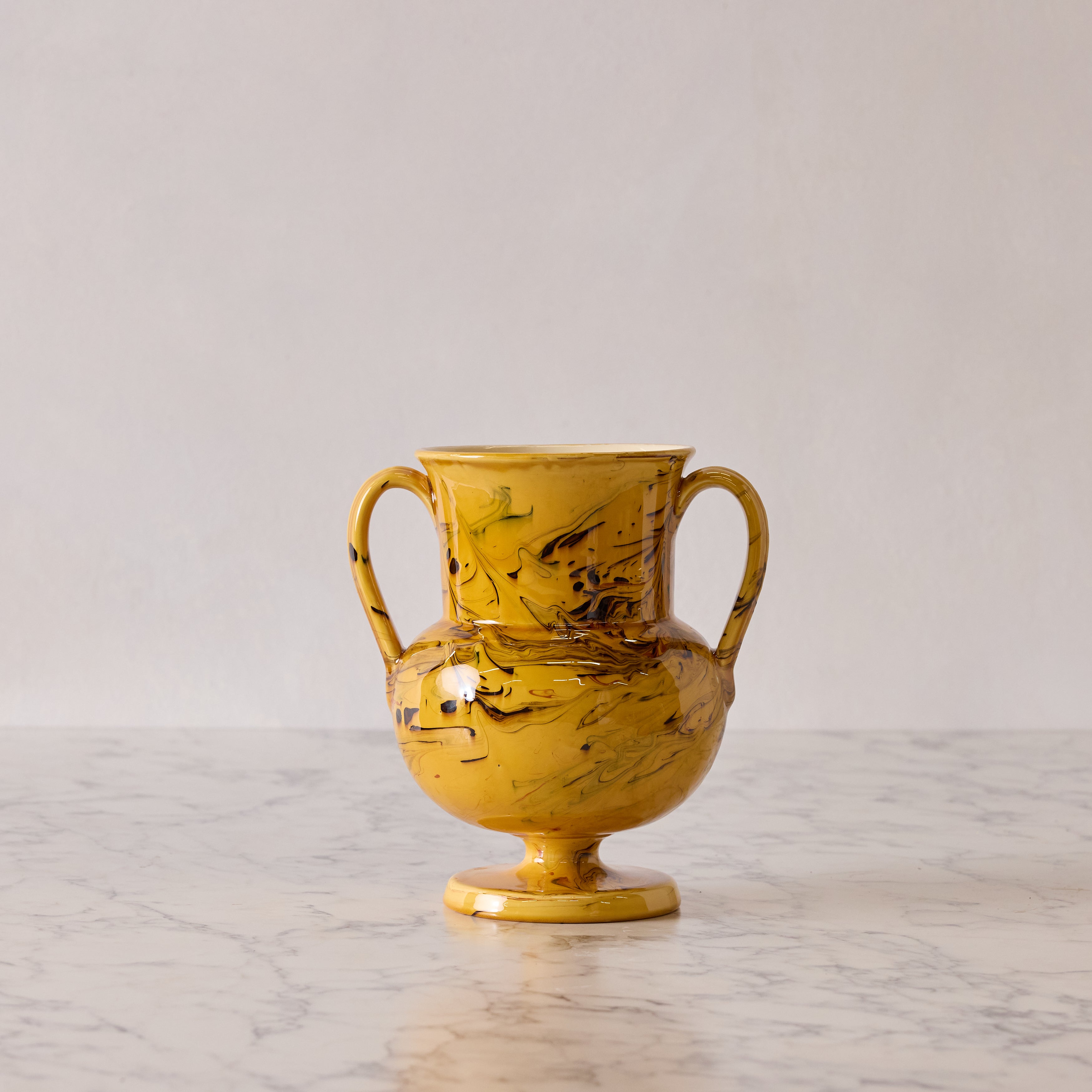 Apulian Amphora Vase in Yellow with Black, Red and Green Marble Glaze