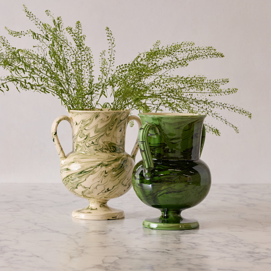 Apulian Amphora Vase in White with Green Marble Glaze