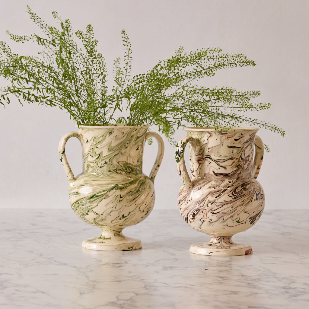 Apulian Amphora Vase in White with Green Marble Glaze