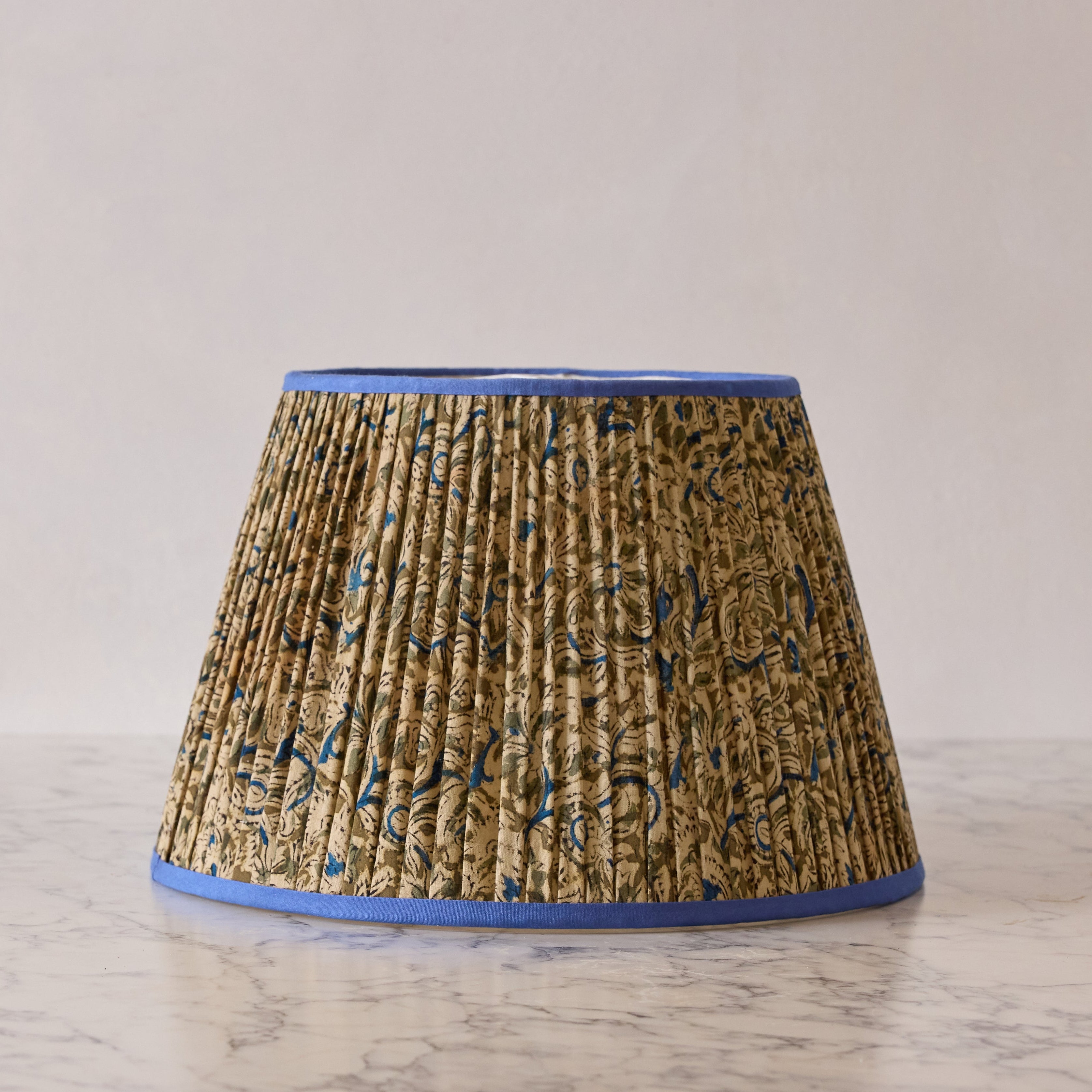 16" Lamp Shade in Hand-Blocked Silk, Denim & Khaki