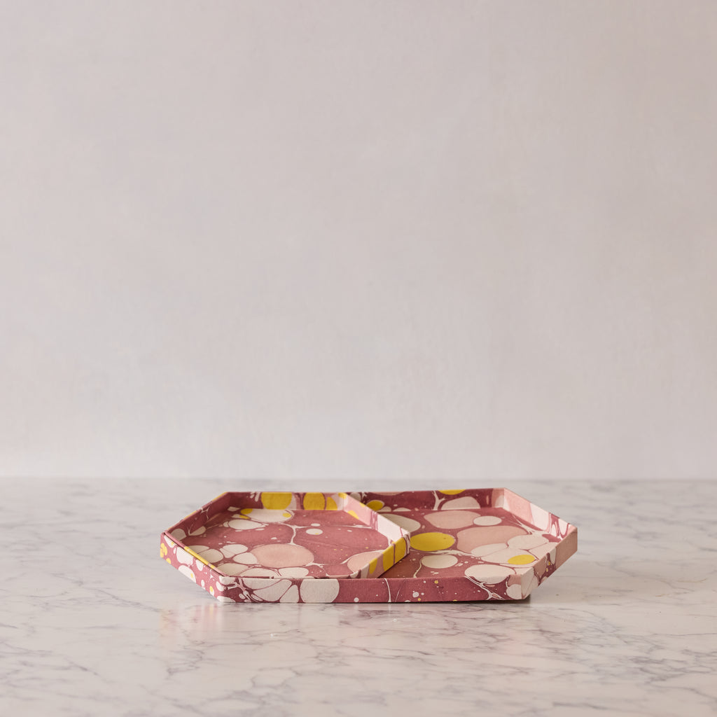 Marbled Hexagonal Tray Set, Pink & Lemon
