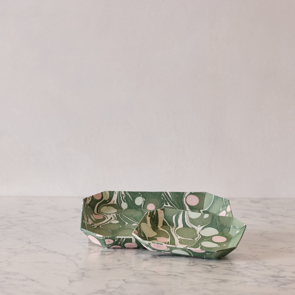 Marbled Octagonal Nesting Tray Set, Green & Pink