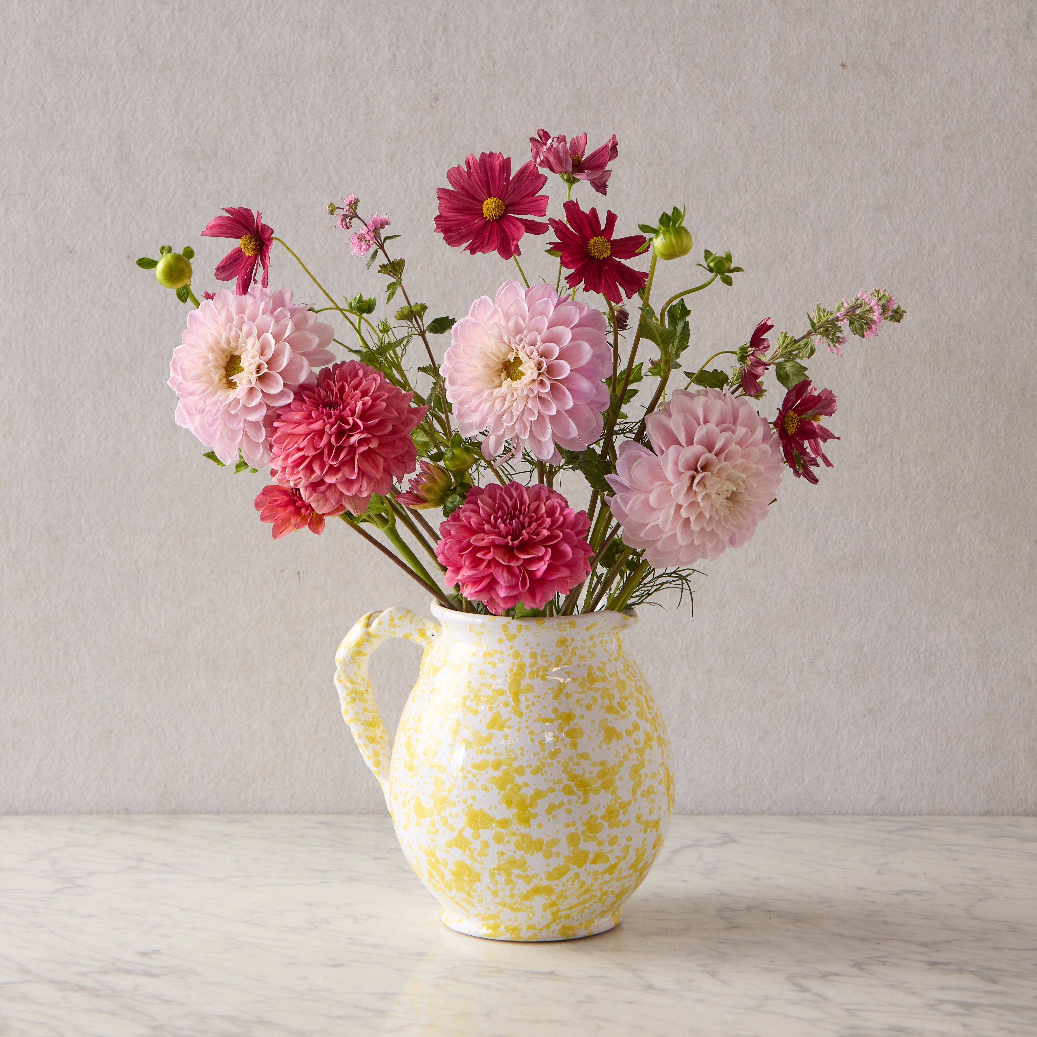 Splatterware Twist Handle Pitcher, Yellow on White