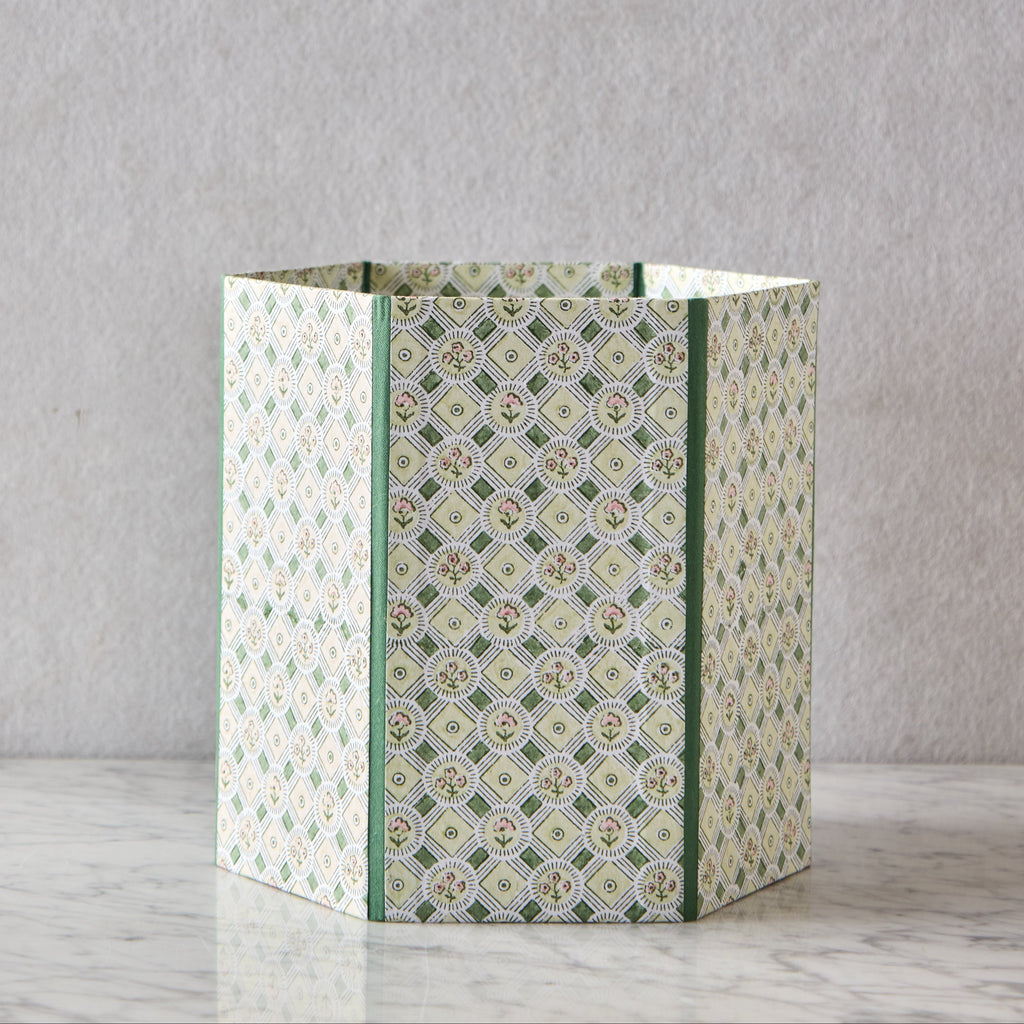 Block-Printed Hexagonal Collapsible Waste Basket, Spring Bloom Green