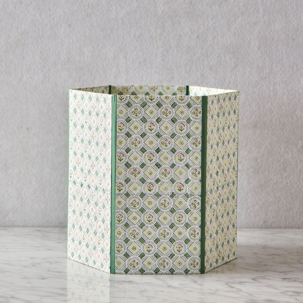 Block-Printed Hexagonal Collapsible Waste Basket, Spring Bloom Green