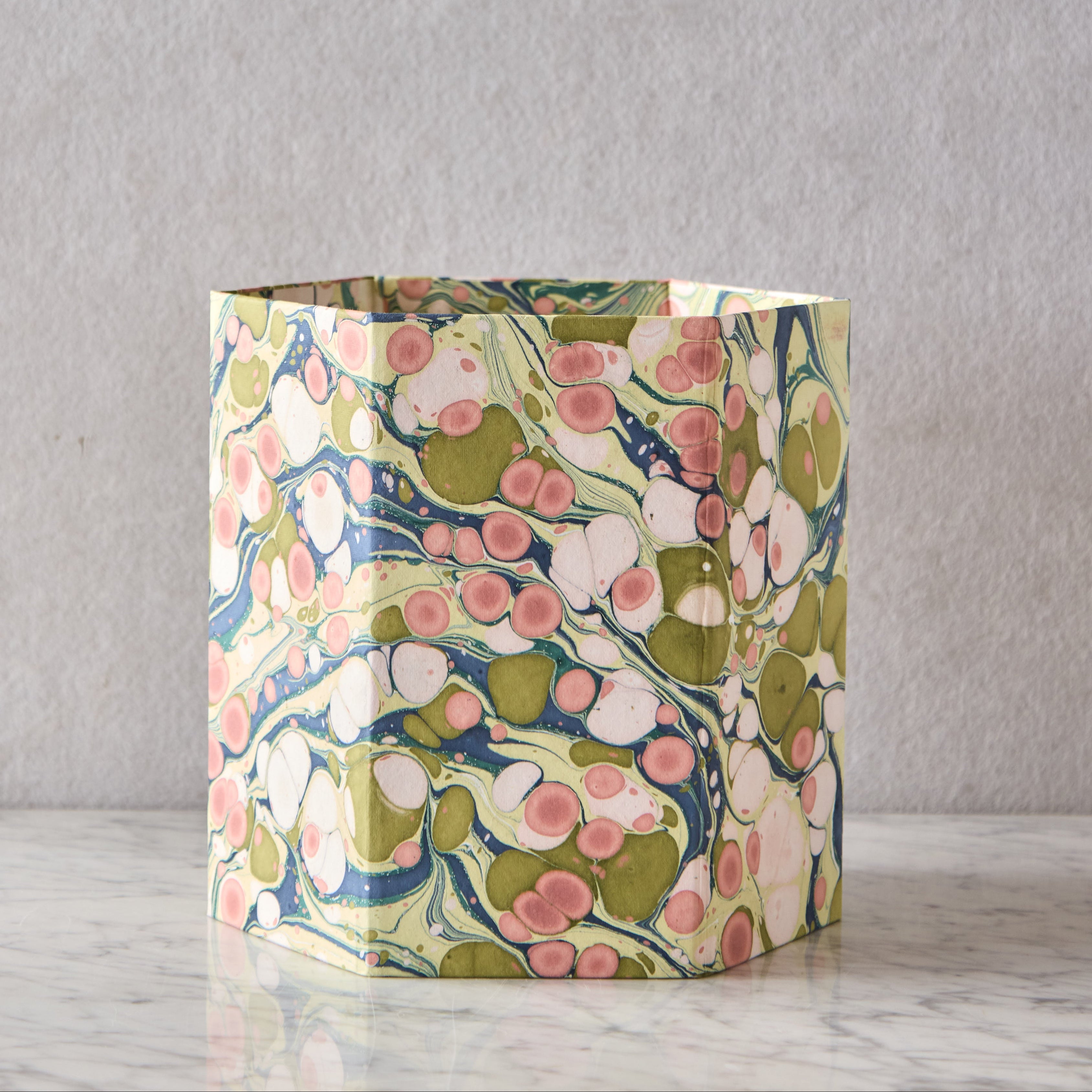 Block-Printed Hexagonal Collapsible Waste Basket, Moss