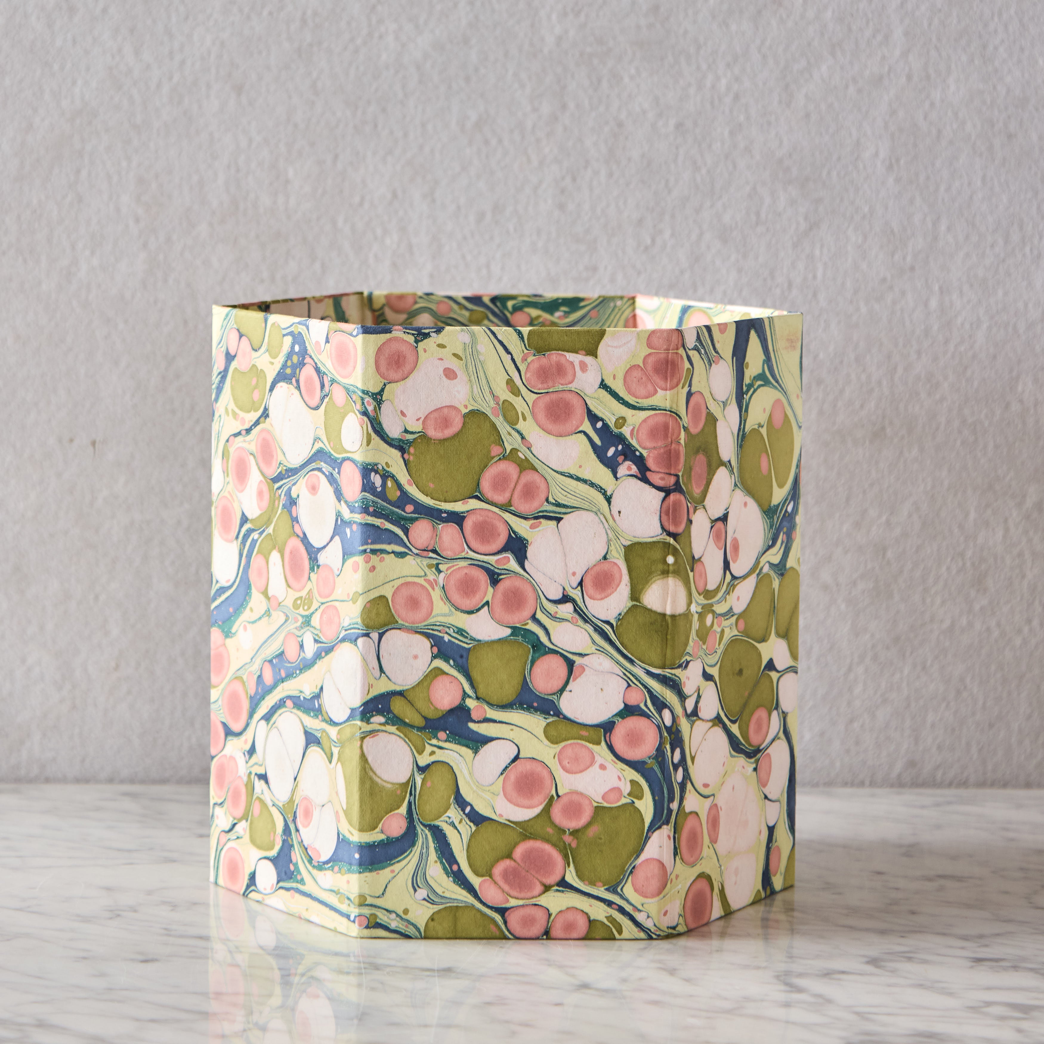 Block-Printed Hexagonal Collapsible Waste Basket, Moss