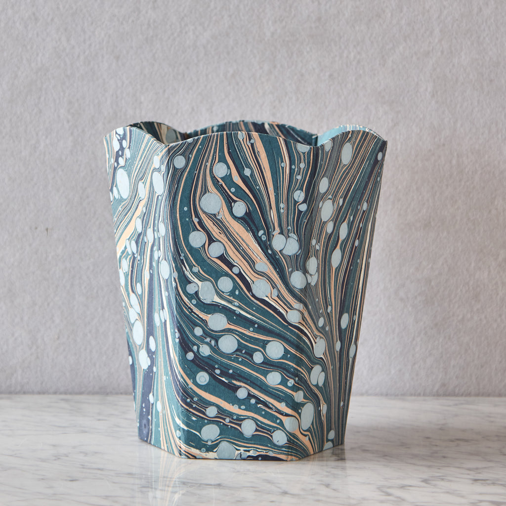 Block-Printed Scalloped Collapsible Waste Basket, Fire Whirl Blue