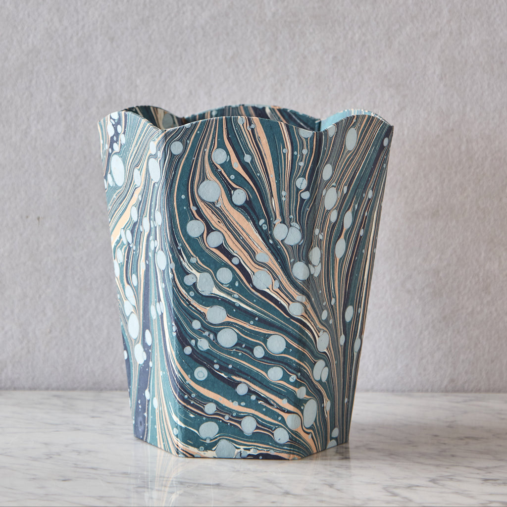 Block-Printed Scalloped Collapsible Waste Basket, Fire Whirl Blue