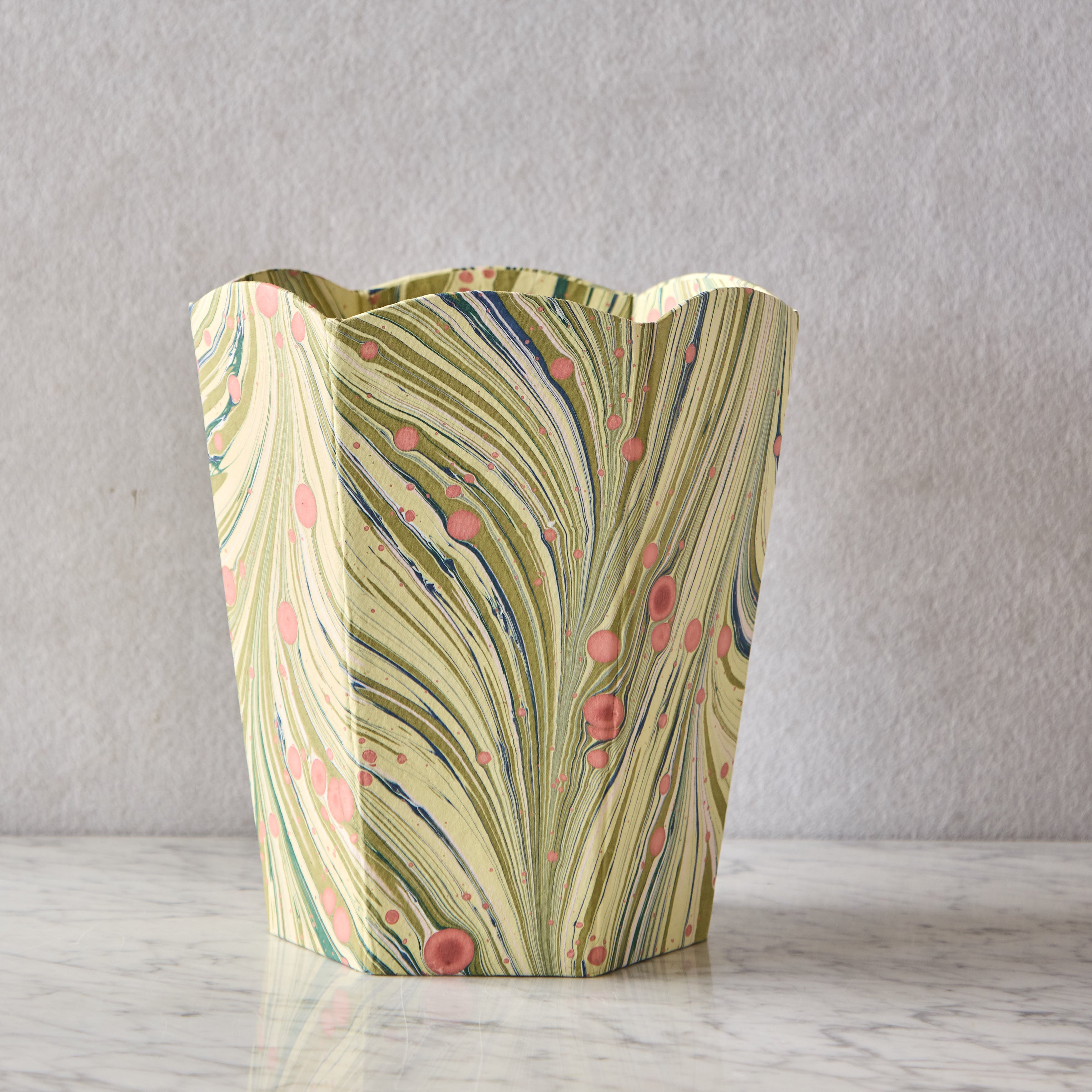 Block-Printed Scalloped Collapsible Waste Basket, Fire Whirl Moss