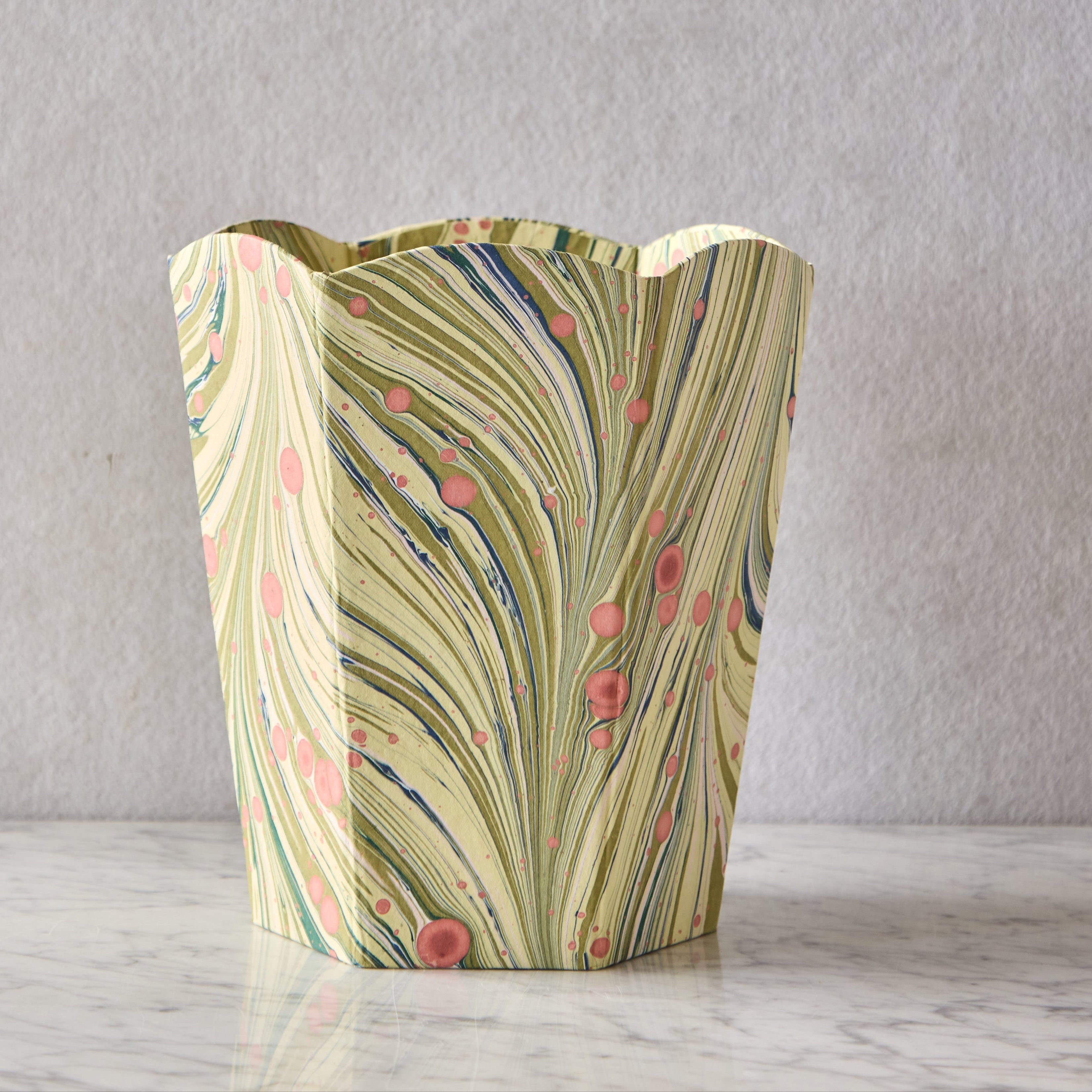 Block-Printed Scalloped Collapsible Waste Basket, Fire Whirl Moss