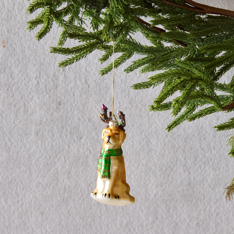 Golden Retriever with Antlers Glass Ornament