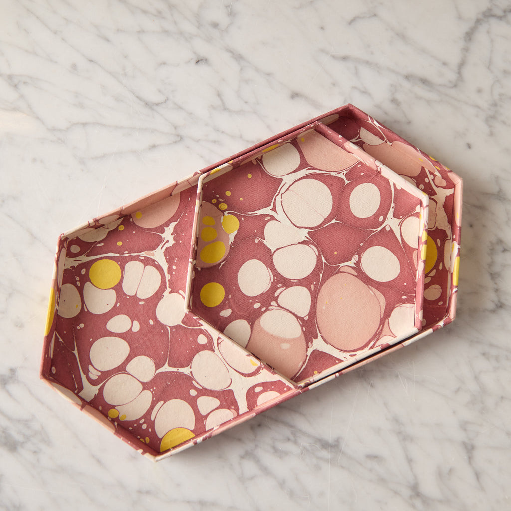 Marbled Hexagonal Tray Set, Pink & Lemon