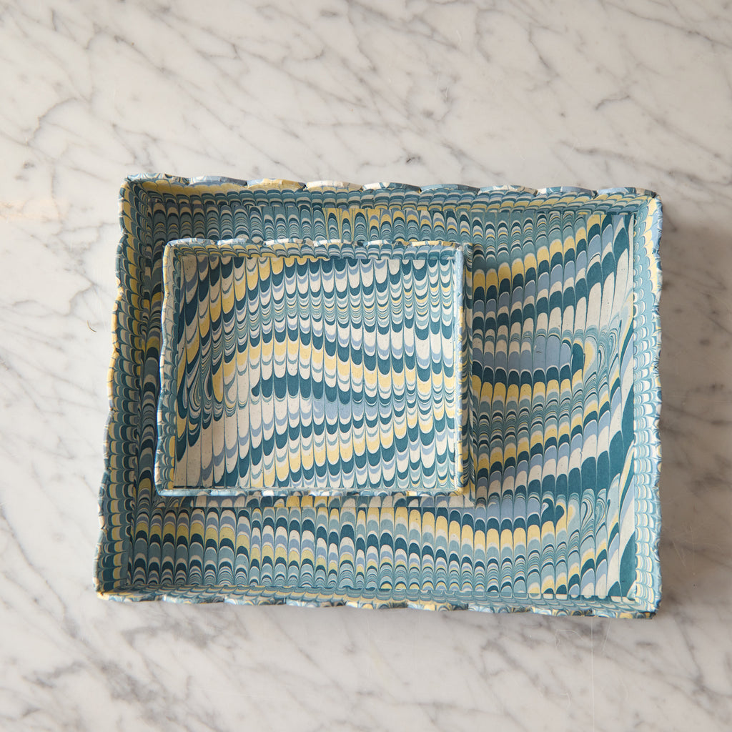 Marbled Scalloped Tray Set, Light Blue & Lemon