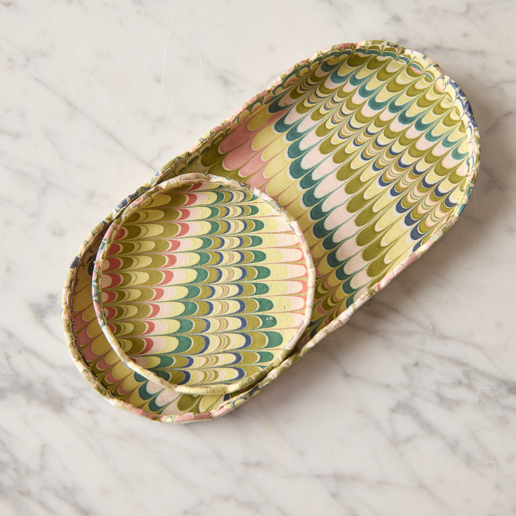 Marbled Oval Scalloped Tray Set, Moss