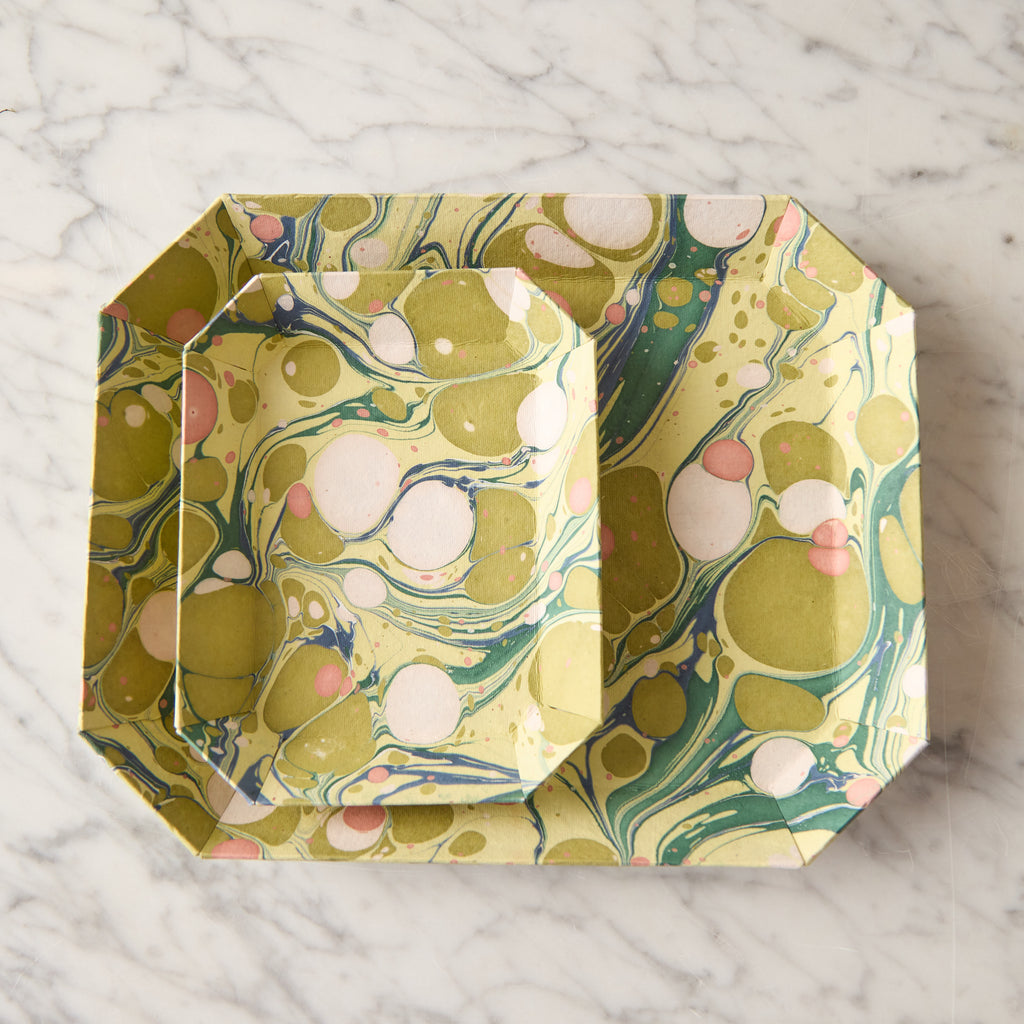 Marbled Octagonal Nesting Tray Set, Moss & Pink
