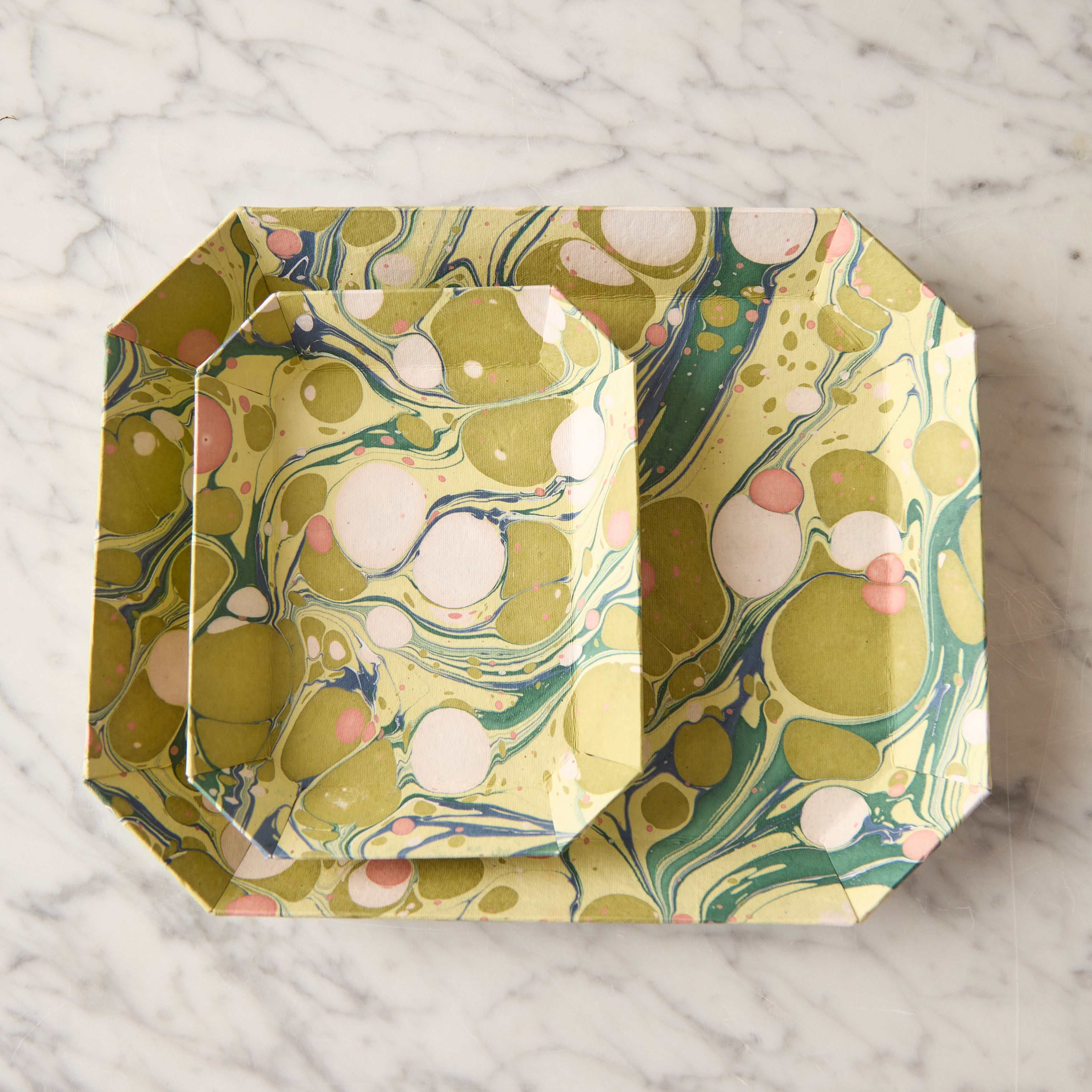 Marbled Octagonal Nesting Tray Set, Moss & Pink