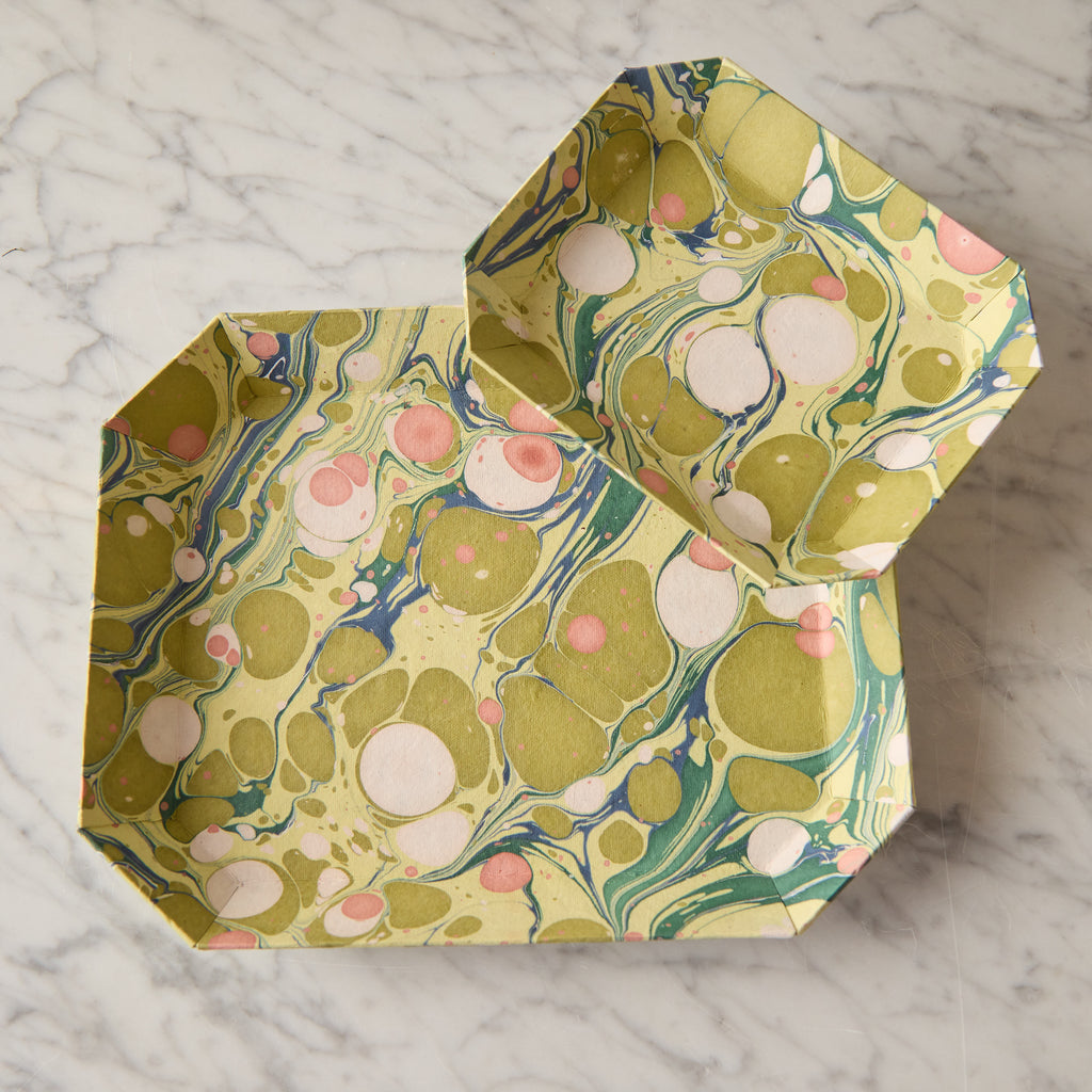 Marbled Octagonal Nesting Tray Set, Moss & Pink