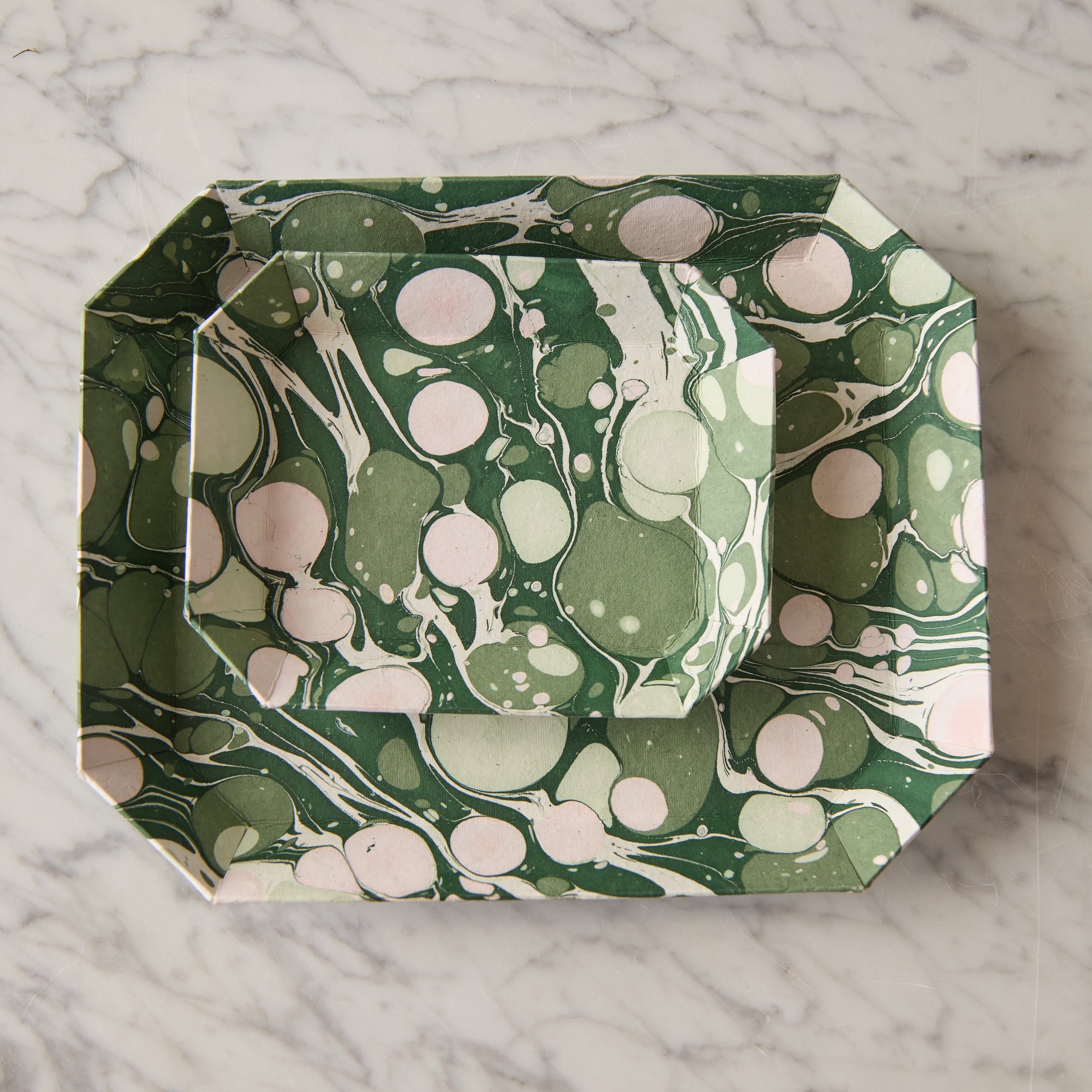 Marbled Octagonal Nesting Tray Set, Green & Pink