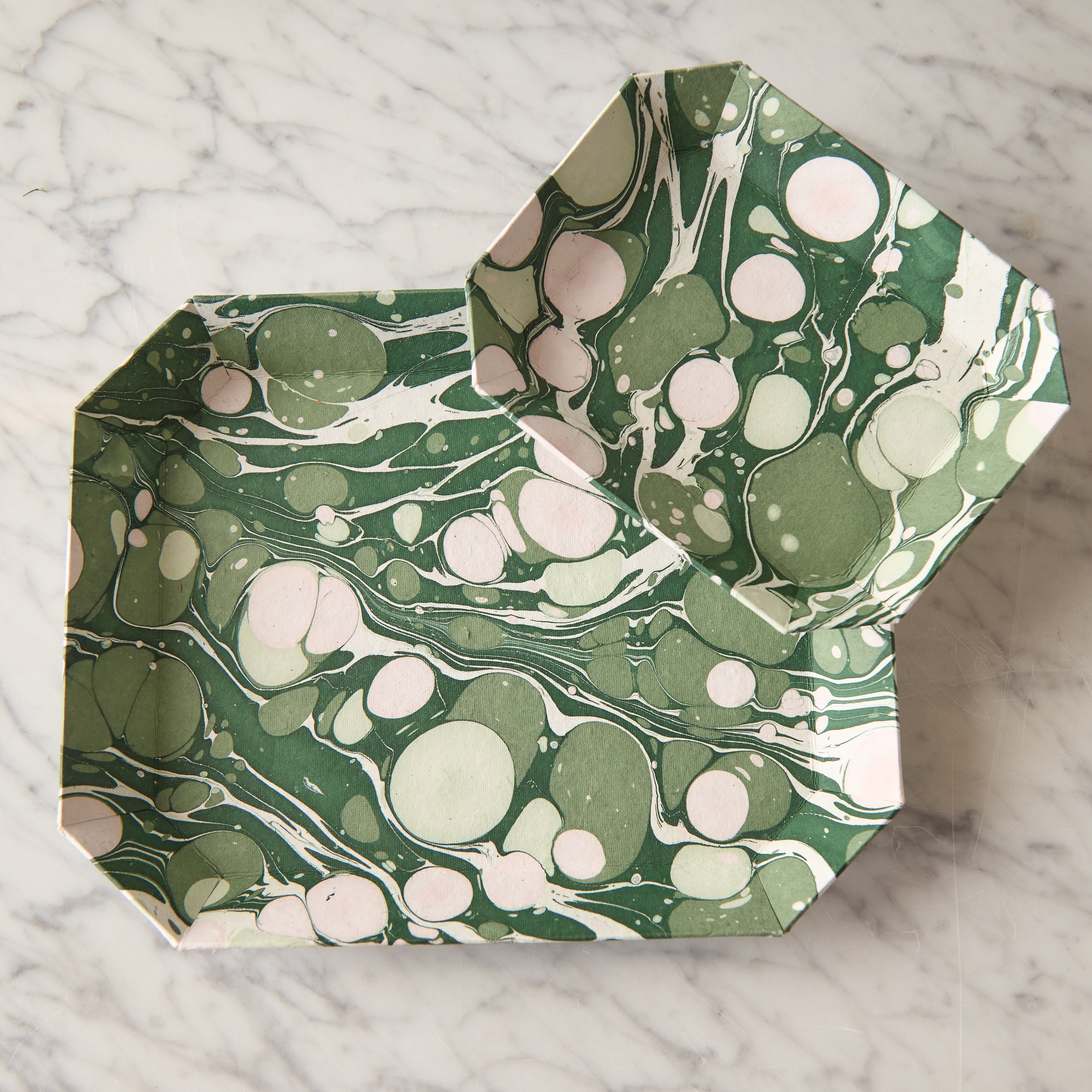Marbled Octagonal Nesting Tray Set, Green & Pink