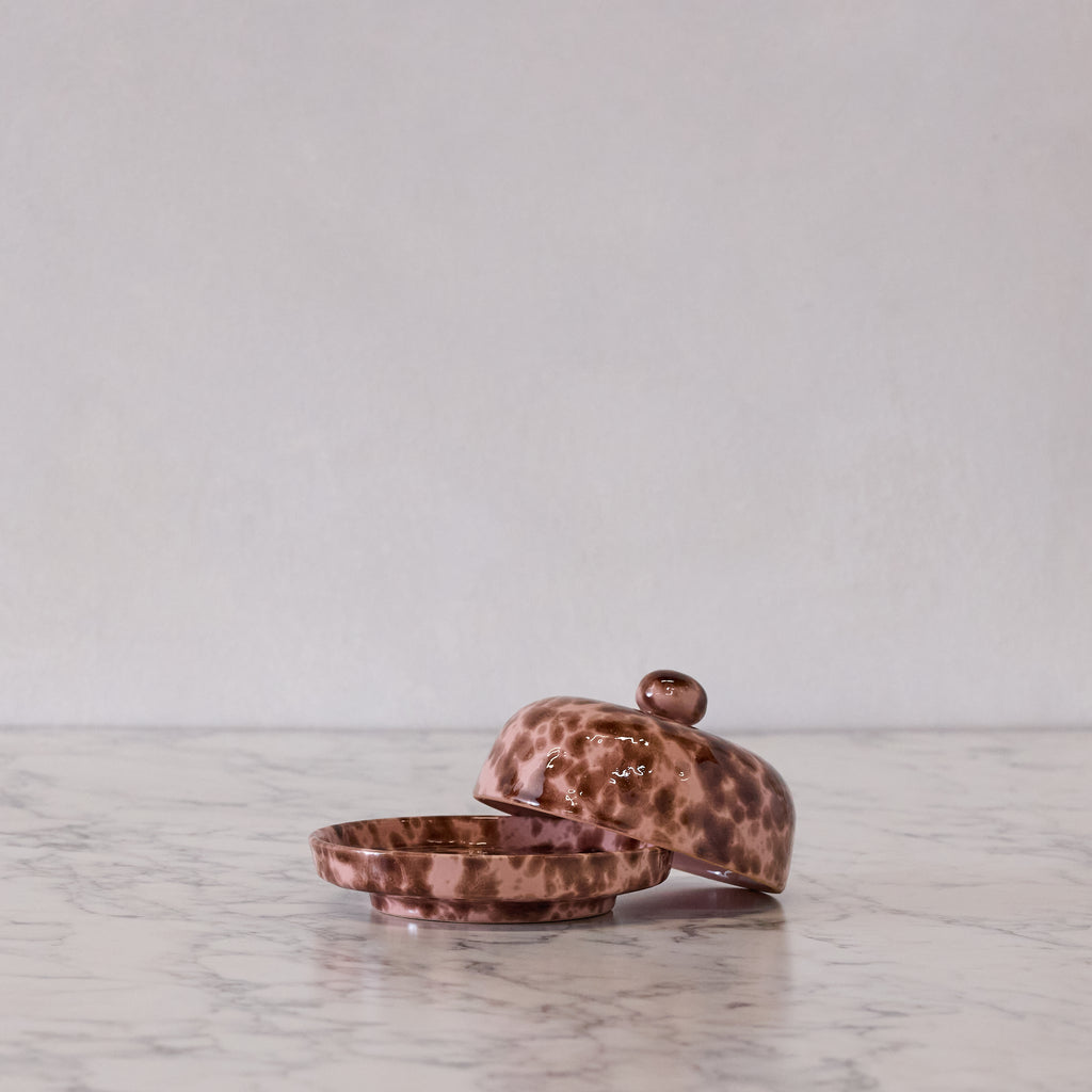 Splatterware Butter Dish, Brown & Rose