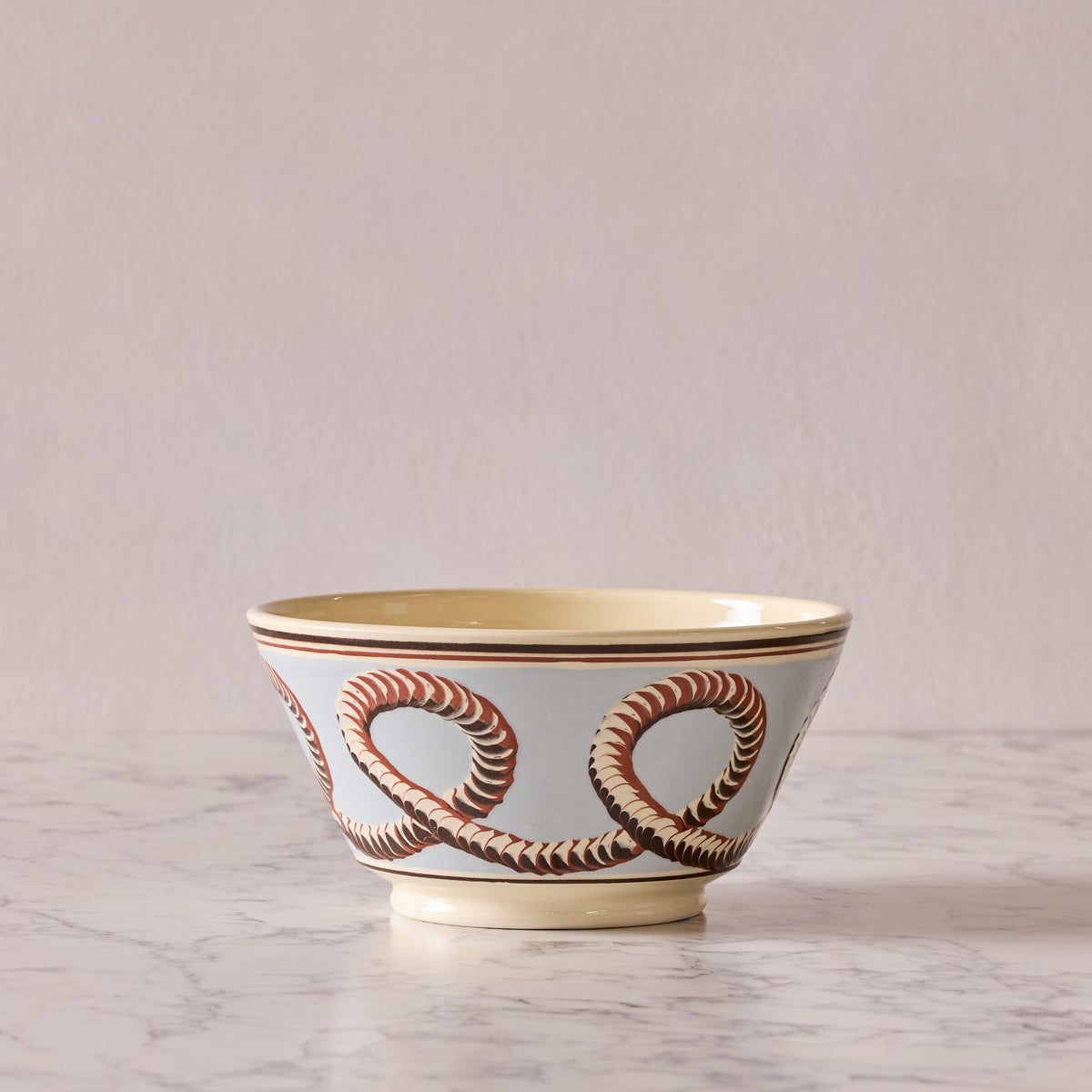 Large Mochaware Bowl, Earthworm Ribbon, Blue